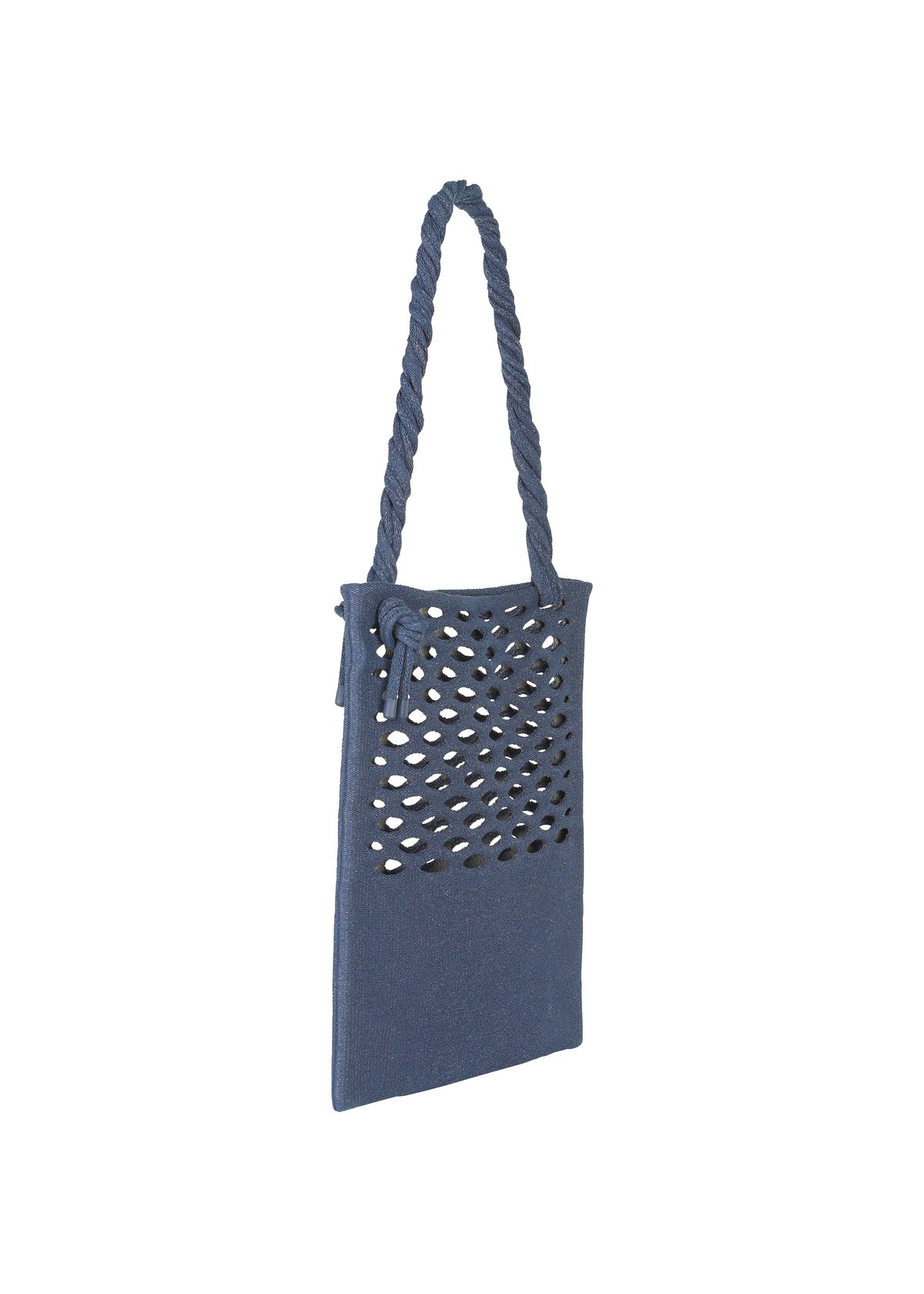 The MOKKO WASHI by GOOD GOODS ISSEY MIYAKE is a blue rectangular fabric shoulder bag with a twisted handle and oval cutouts on the front panel, shown against a white background. view 5 of 13