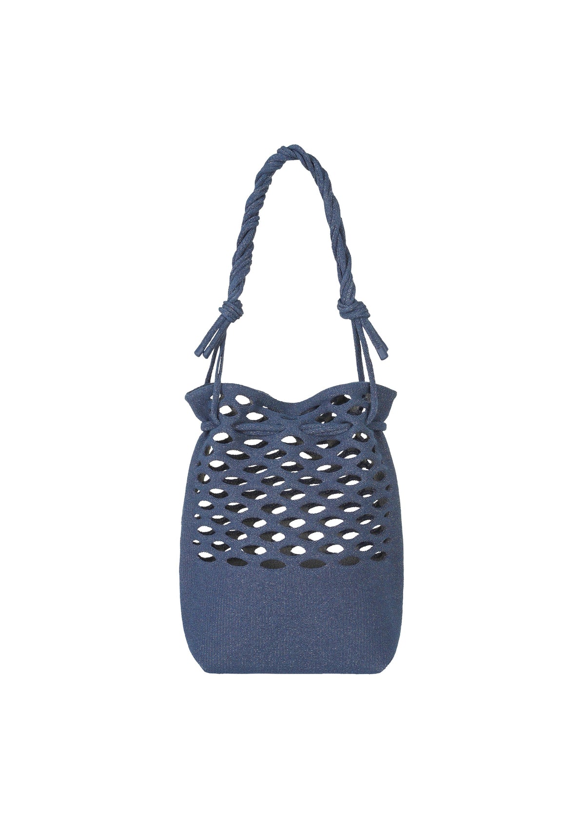 The MOKKO WASHI by GOOD GOODS ISSEY MIYAKE is a blue woven handbag with a twisted handle and open cutout upper, shown on a white background. view 6 of 13