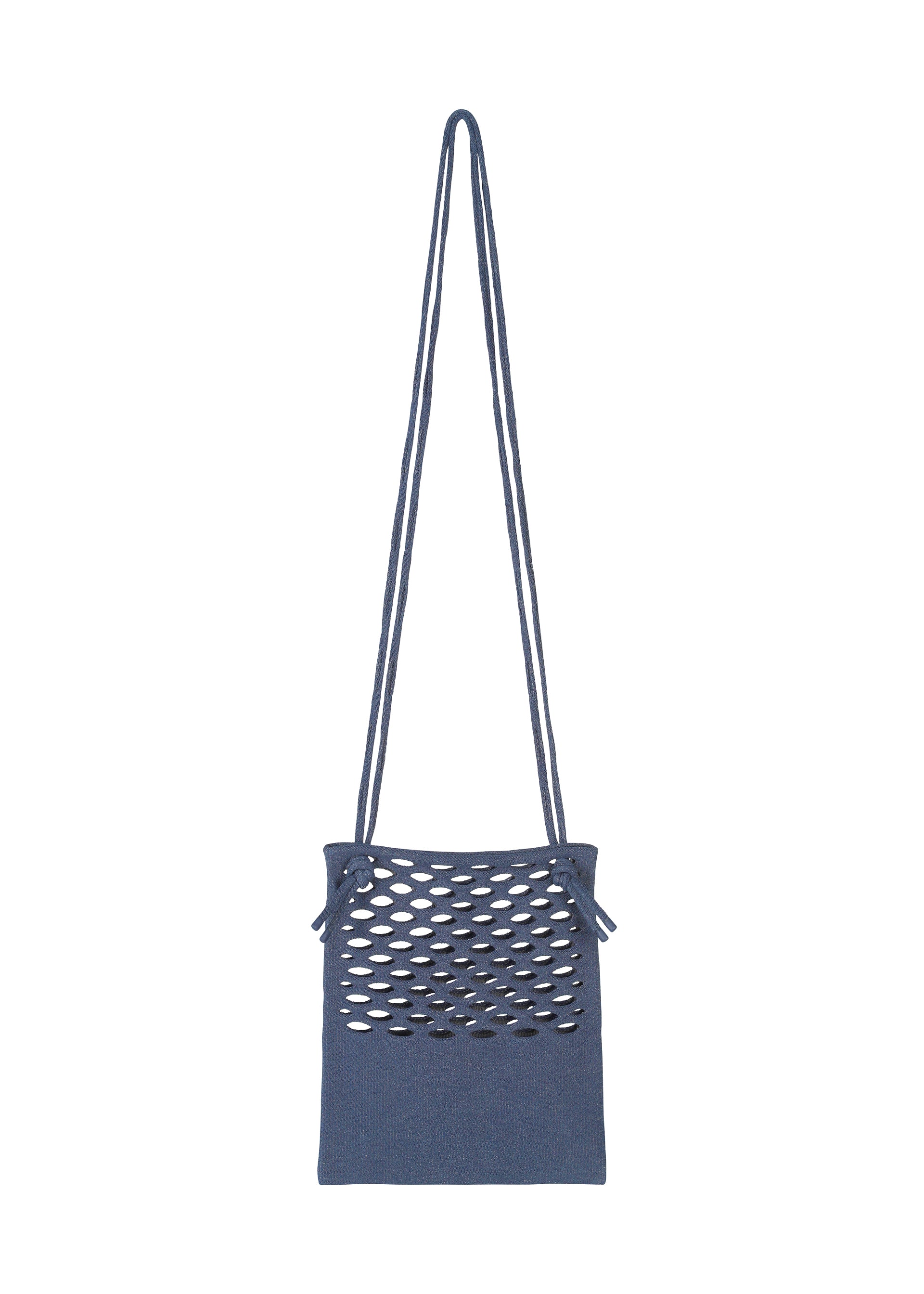 Zoomed view The MOKKO WASHI blue shoulder bag by GOOD GOODS ISSEY MIYAKE features a long double strap, a front panel with oval cutouts, and a simple, modern design inspired by traditional washi paper textures.