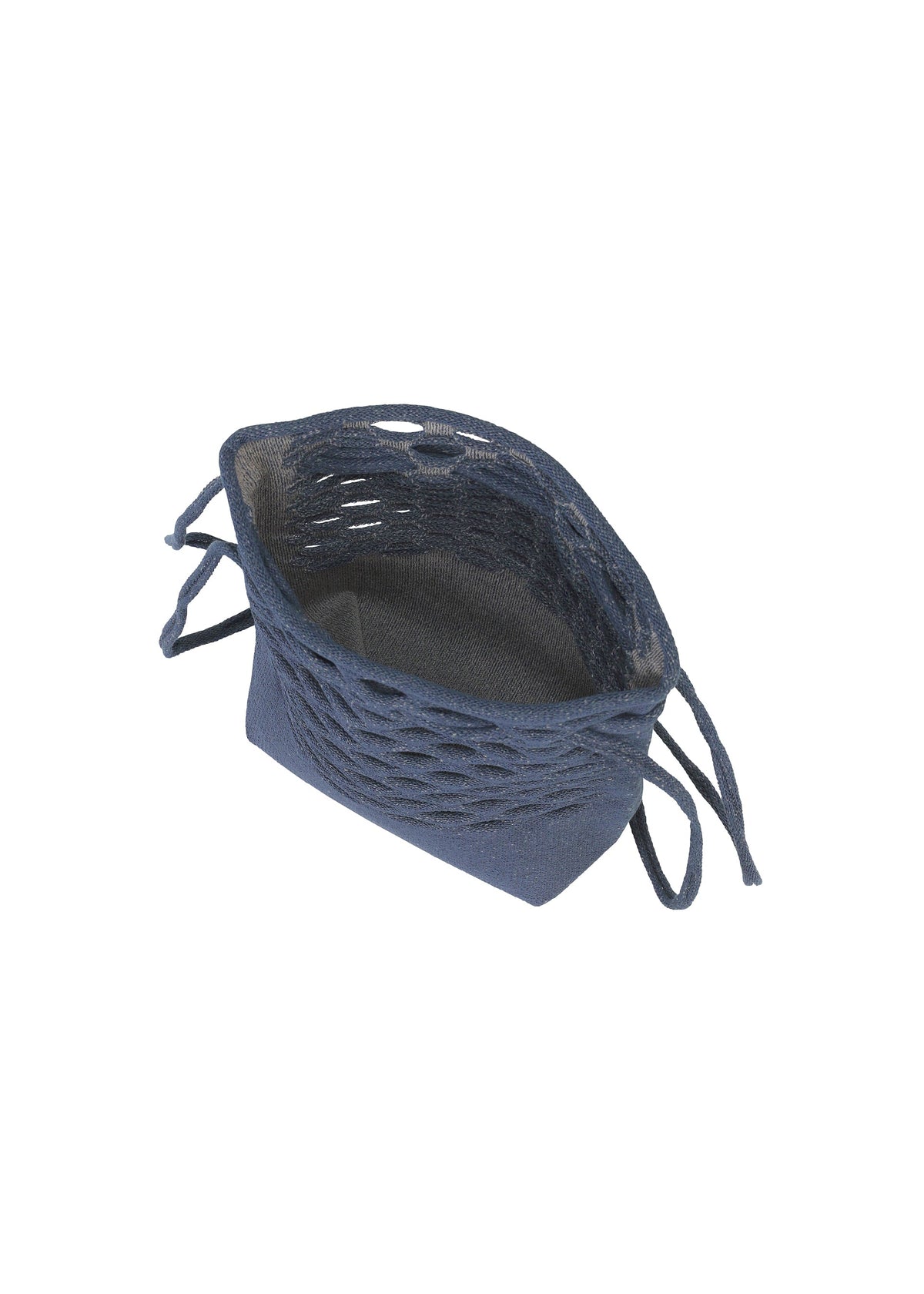 A navy blue, rectangular fabric basket from GOOD GOODS ISSEY MIYAKE's MOKKO WASHI series, featuring woven sides and four tied corners, is displayed on a white background. view 8 of 13