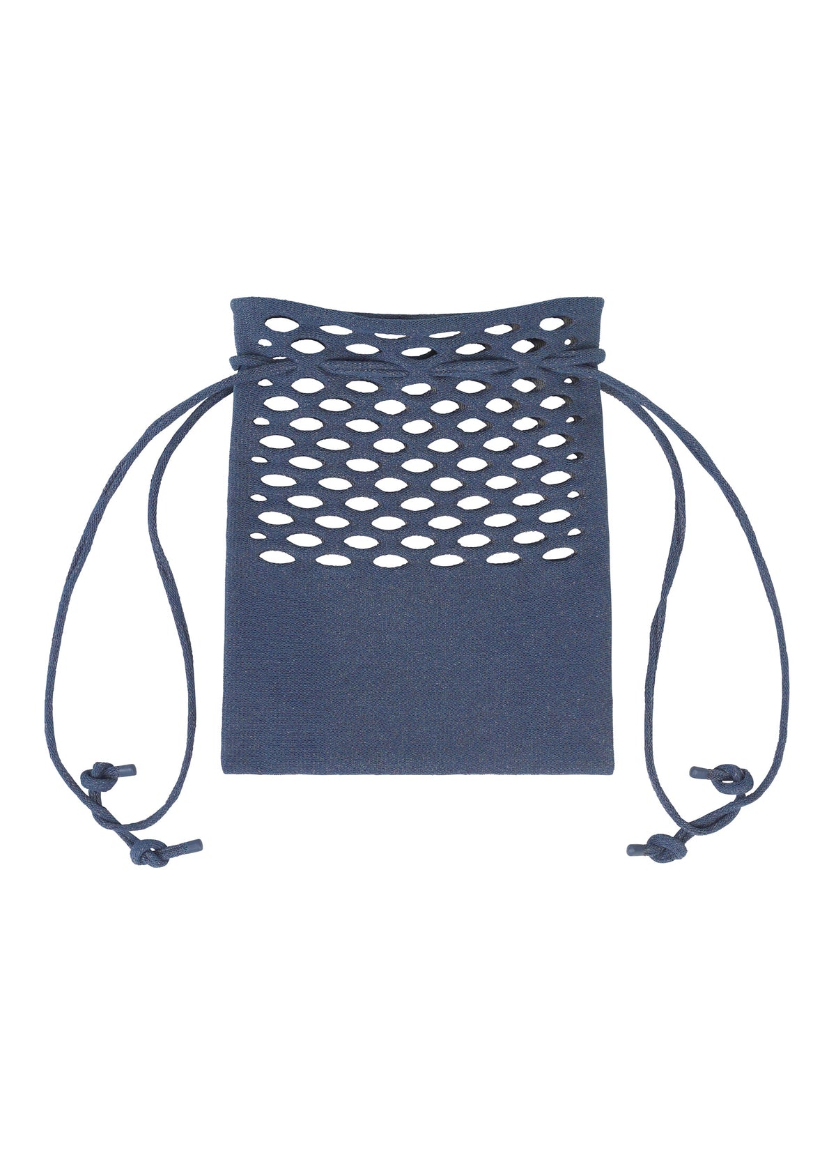 The MOKKO WASHI drawstring bag by GOOD GOODS ISSEY MIYAKE comes in navy blue with dual-sided closure and front oval cutouts inspired by traditional washi paper. view 9 of 13