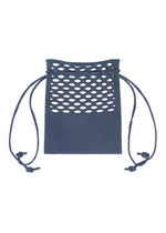 The MOKKO WASHI drawstring bag by GOOD GOODS ISSEY MIYAKE comes in navy blue with dual-sided closure and front oval cutouts inspired by traditional washi paper.