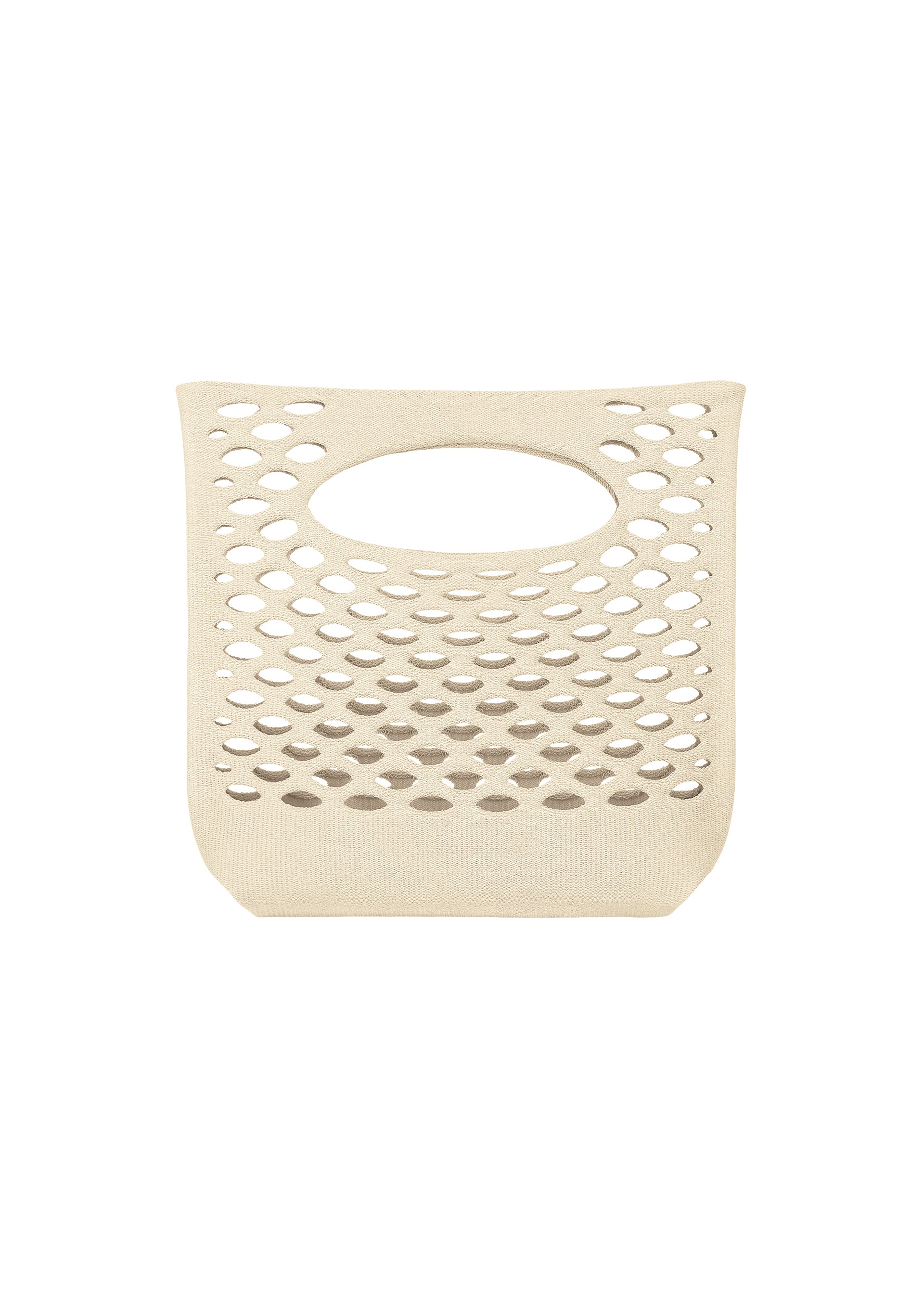 Zoomed view The MOKKO WASHI summer tote by GOOD GOODS ISSEY MIYAKE features a beige rectangular design, oval-shaped cutout handles, and an oval hole pattern on the front, displayed against a white background. - OFF WHITE （no.02）