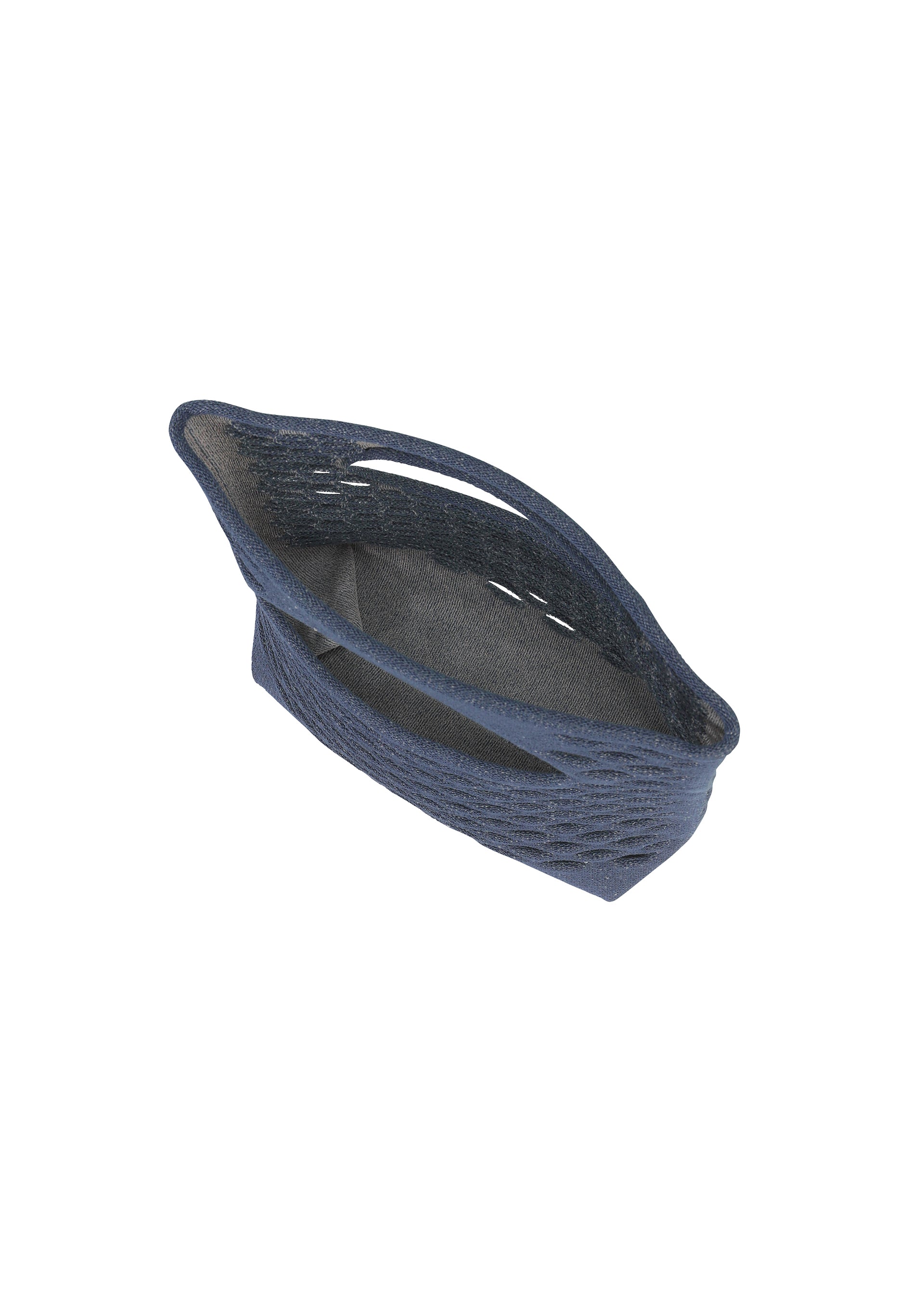 Zoomed view A dark blue, oval-shaped woven basket from the MOKKO WASHI series by GOOD GOODS ISSEY MIYAKE, featuring an open top and textured sides, viewed from above against a white background.