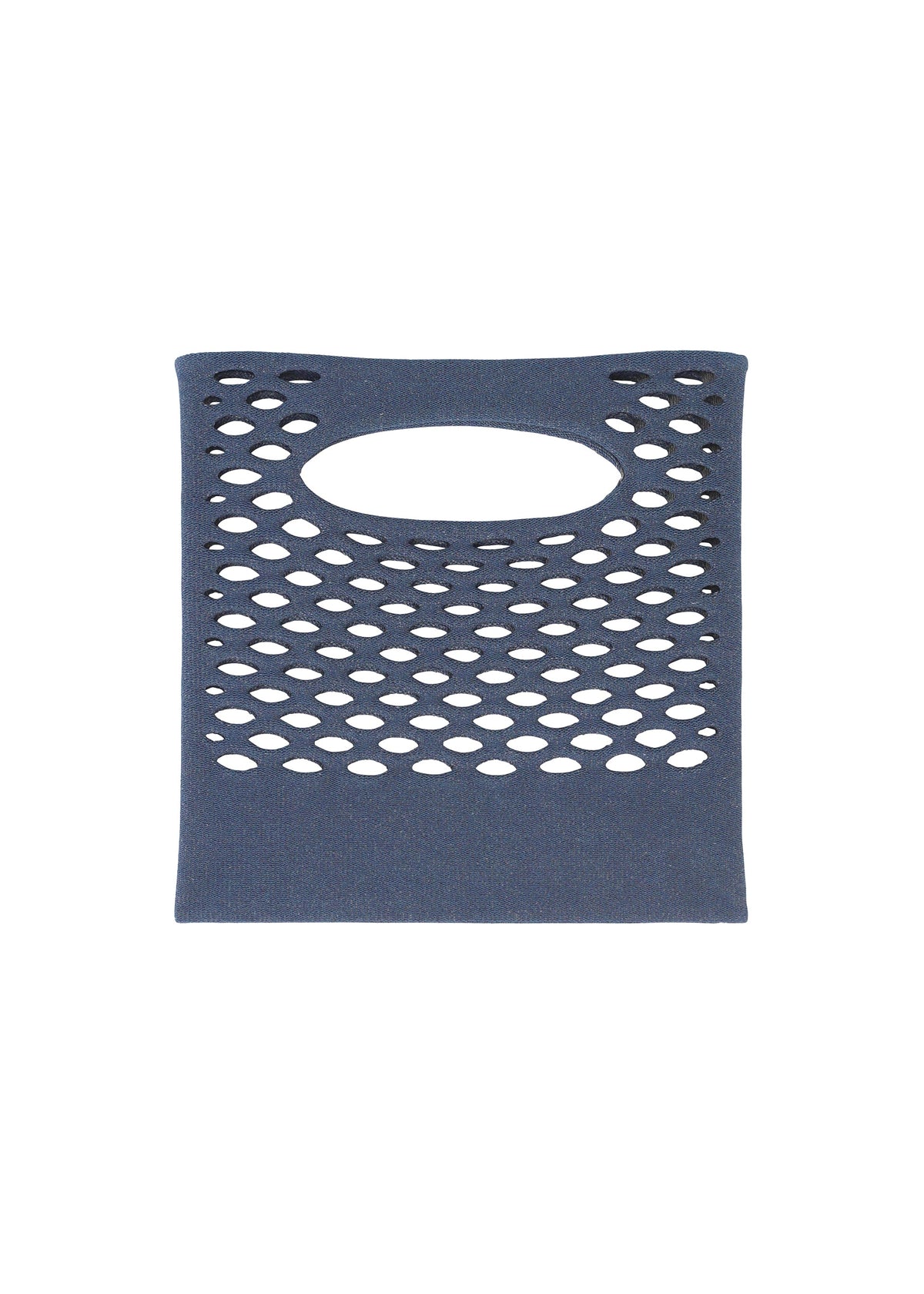 A blue rectangular MOKKO WASHI summer tote bag by GOOD GOODS ISSEY MIYAKE, with an oval top cutout and a grid of oval holes, is photographed against a white background. view 5 of 8