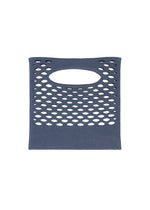 A blue rectangular MOKKO WASHI summer tote bag by GOOD GOODS ISSEY MIYAKE, with an oval top cutout and a grid of oval holes, is photographed against a white background.