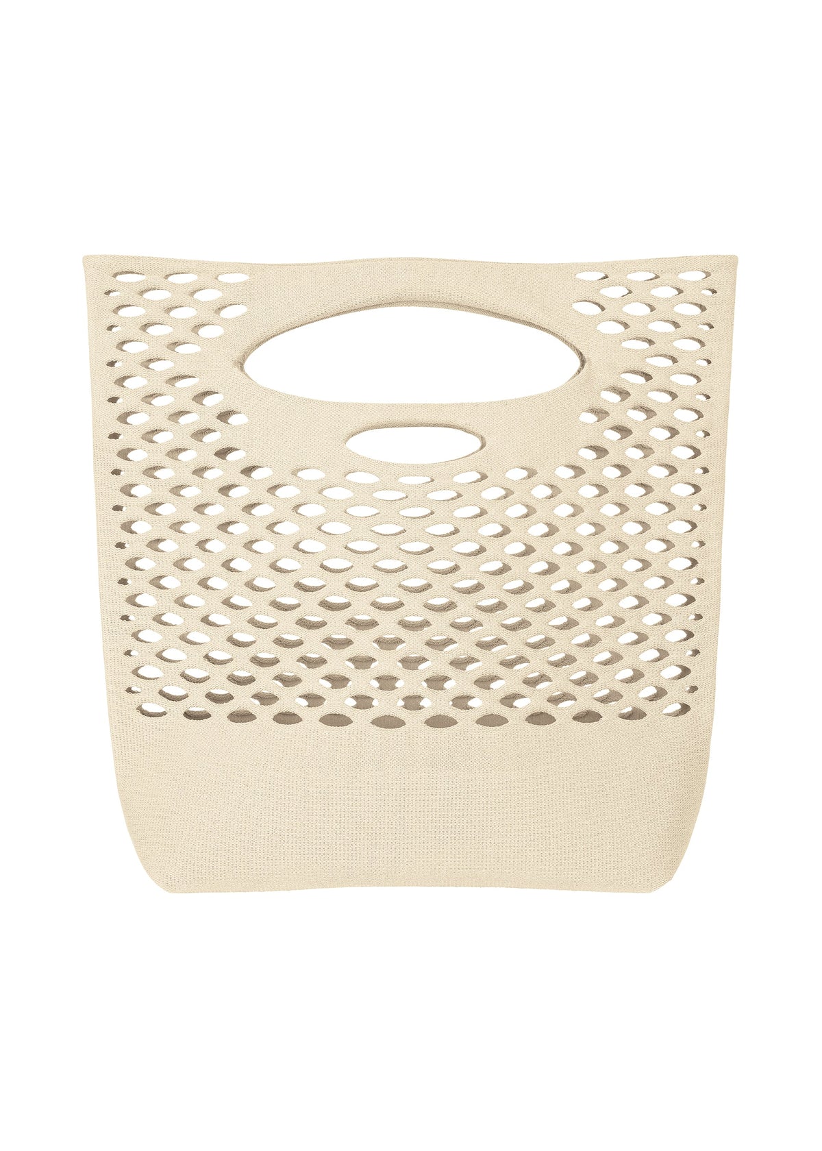 A beige MOKKO WASHI tote bag by GOOD GOODS ISSEY MIYAKE features an oval cutout handle, mesh-like perforated upper, and solid base—ideal as a chic summer shoulder bag. Set against a white background. view 1 of 10