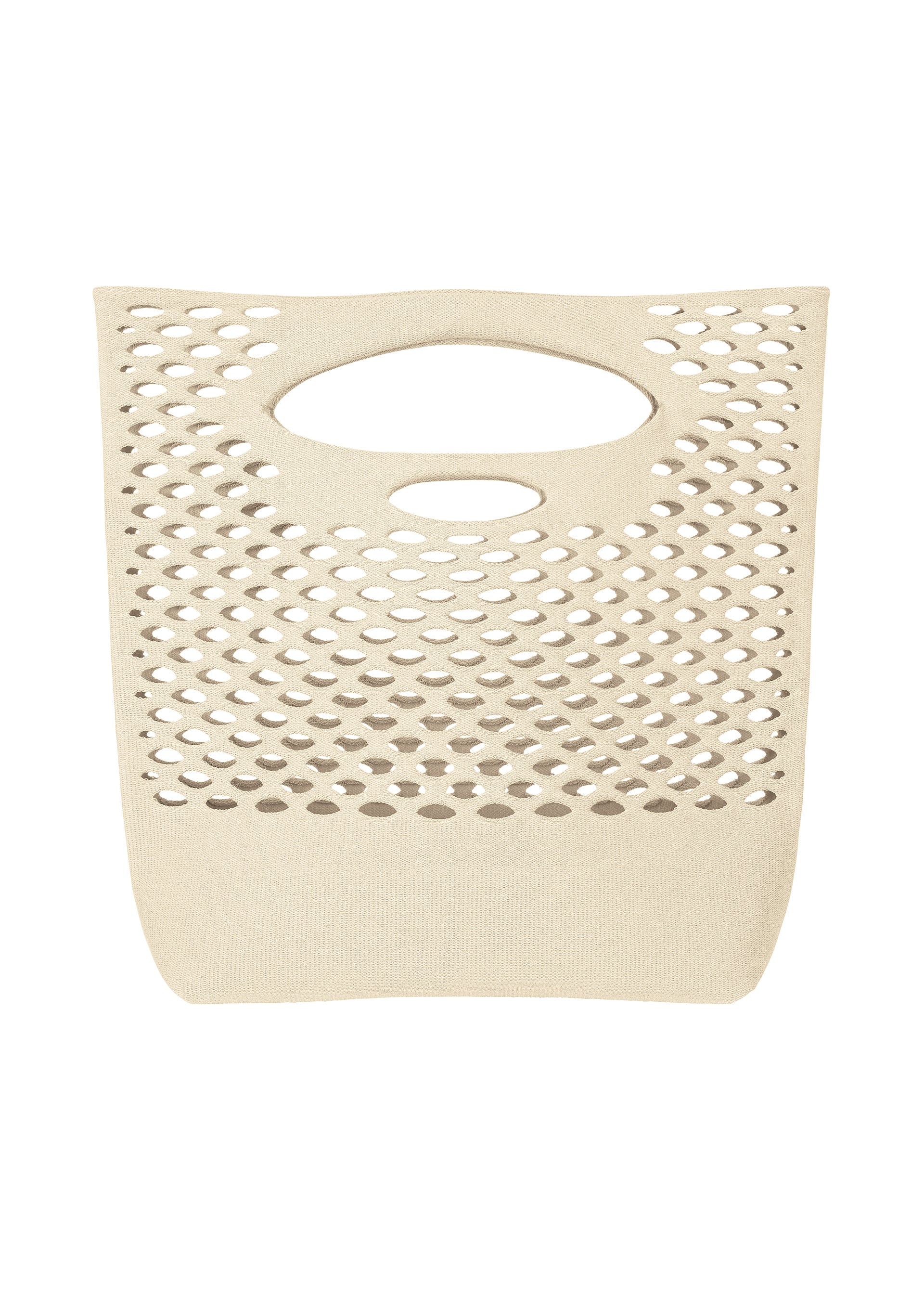 Zoomed view A beige MOKKO WASHI tote bag by GOOD GOODS ISSEY MIYAKE features an oval cutout handle, mesh-like perforated upper, and solid base—ideal as a chic summer shoulder bag. Set against a white background. - OFF WHITE （no.02）
