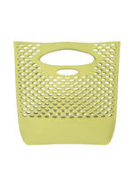 The MOKKO WASHI by GOOD GOODS ISSEY MIYAKE is a light green, rectangular basket with an oval handle and evenly spaced oval holes, perfect as a stylish summer shoulder bag, shown against a white background. - GRASS GREEN （no.63）