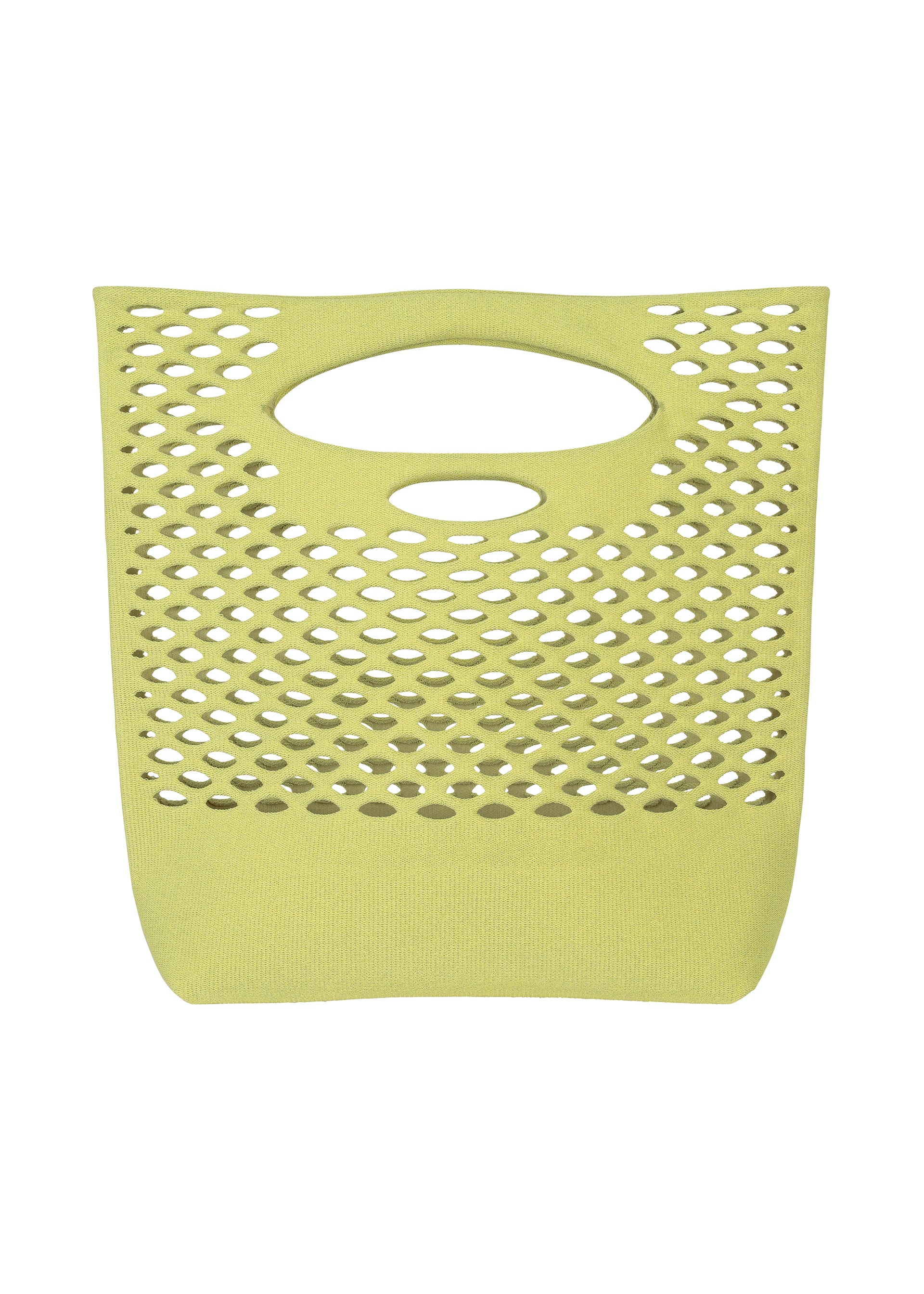 Zoomed view The MOKKO WASHI by GOOD GOODS ISSEY MIYAKE is a light green, rectangular basket with an oval handle and evenly spaced oval holes, perfect as a stylish summer shoulder bag, shown against a white background. - GRASS GREEN （no.63）