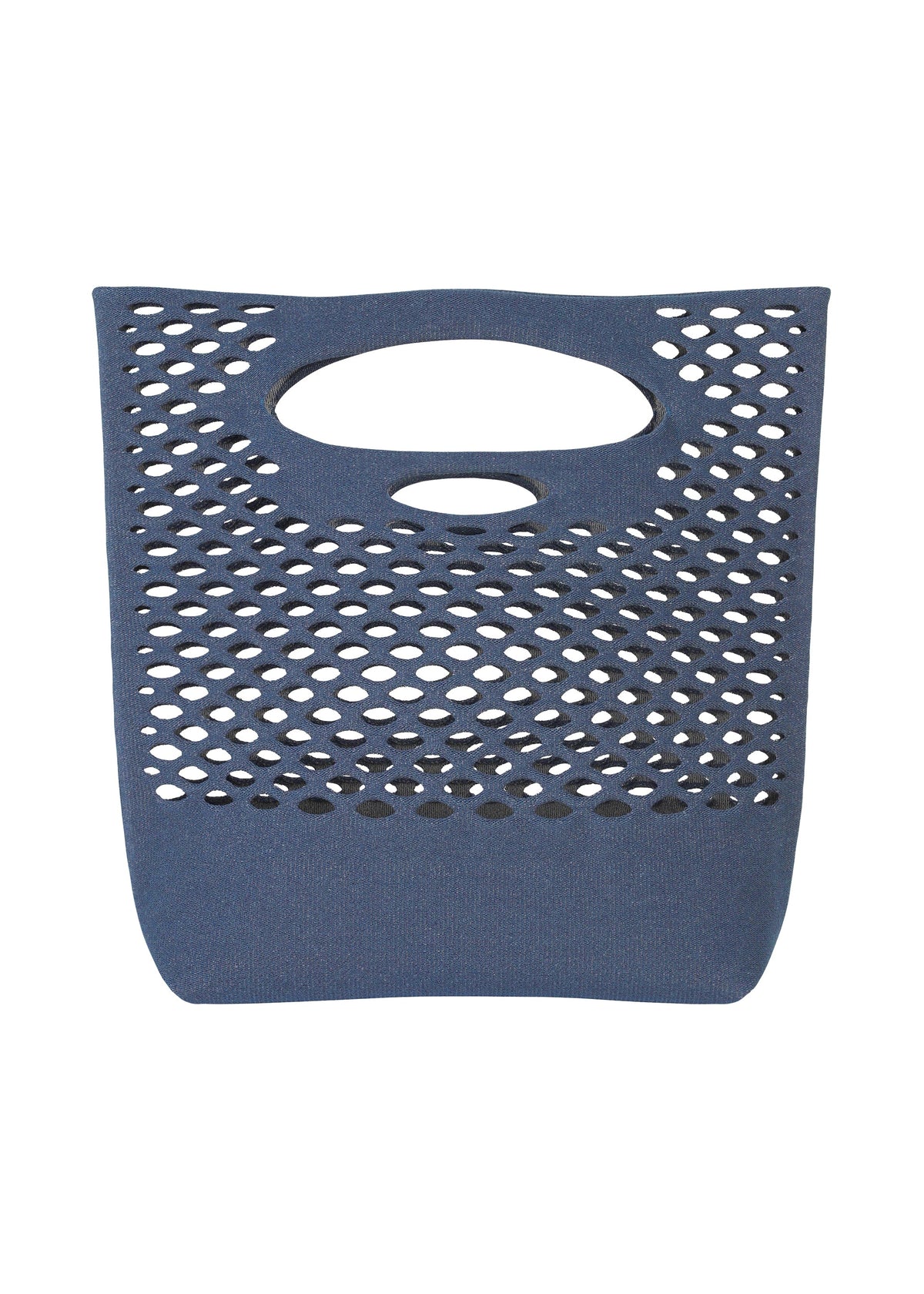 The MOKKO WASHI tote bag by GOOD GOODS ISSEY MIYAKE features a blue washi paper design, oval cut-out handle, and oval hole pattern on the upper two-thirds—shown against a white background as an ideal summer accessory. view 3 of 10