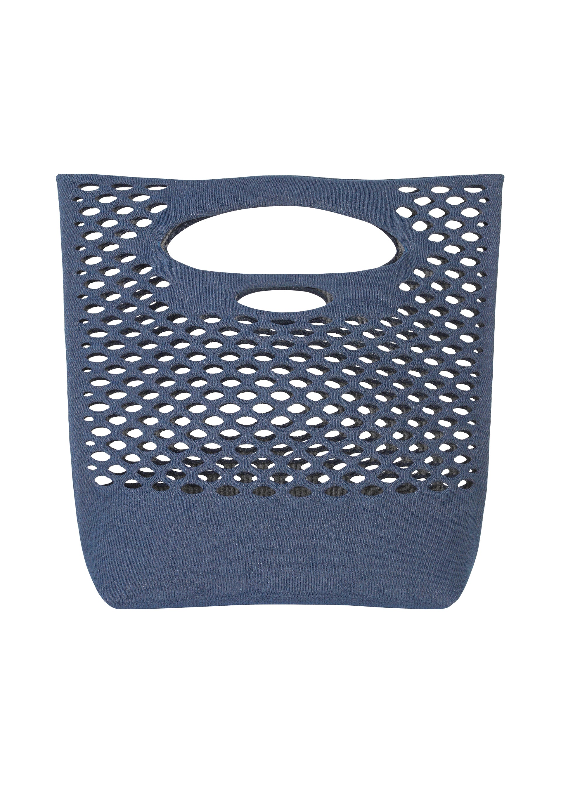 Zoomed view The MOKKO WASHI tote bag by GOOD GOODS ISSEY MIYAKE features a blue washi paper design, oval cut-out handle, and oval hole pattern on the upper two-thirds—shown against a white background as an ideal summer accessory. - INDIGO BLUE （no.73）