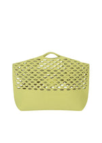 The MOKKO WASHI by GOOD GOODS ISSEY MIYAKE is a light green summer shoulder bag with a solid base, open oval-shaped lattice design, and a small built-in handle at the top center.