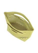 A yellow, rectangular MOKKO WASHI plastic basket by GOOD GOODS ISSEY MIYAKE, featuring a mesh-like design and two oval handles on each side, shown on a white background.