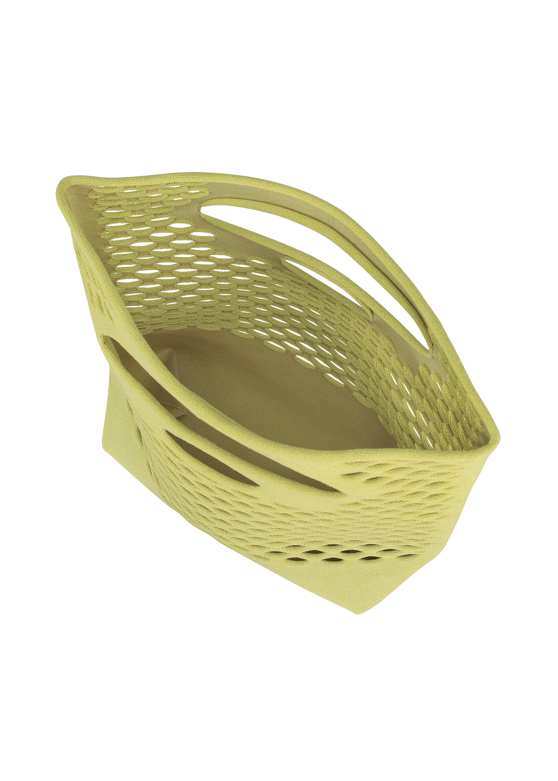 Zoomed view A yellow, rectangular MOKKO WASHI plastic basket by GOOD GOODS ISSEY MIYAKE, featuring a mesh-like design and two oval handles on each side, shown on a white background.