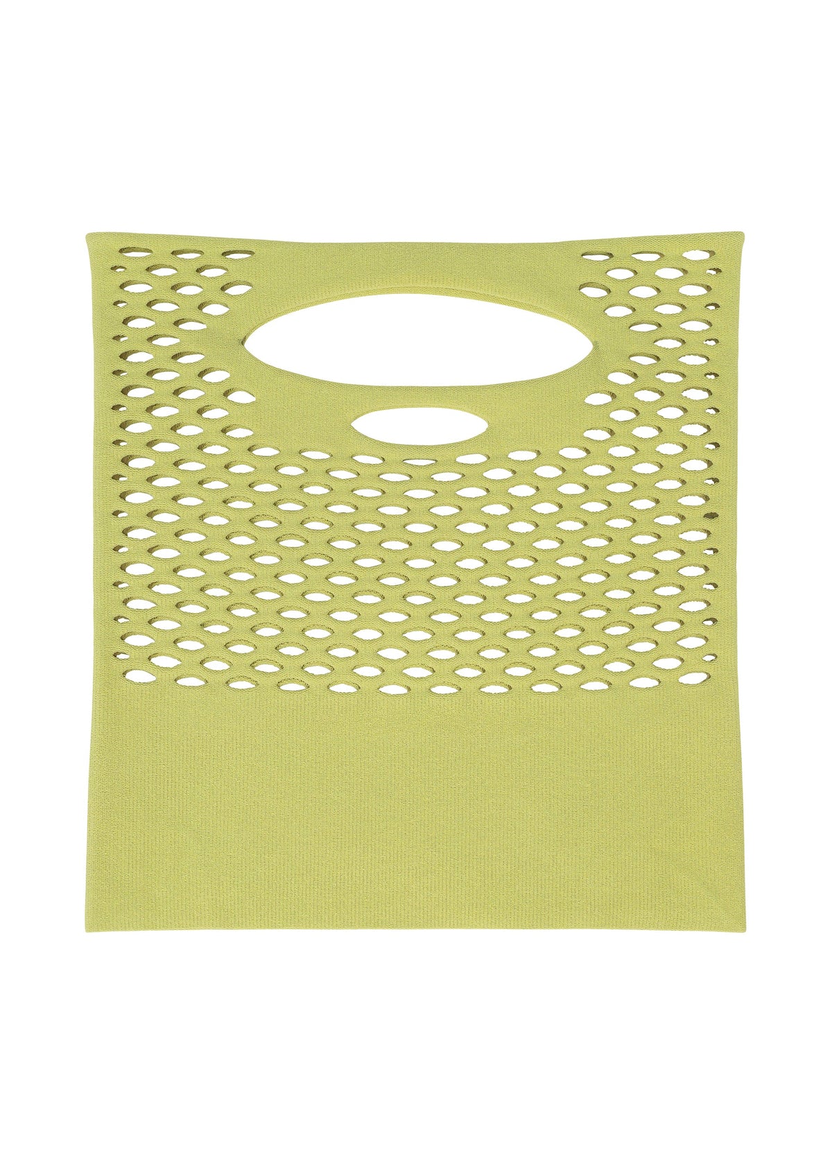 A flat, rectangular, light green MOKKO WASHI by GOOD GOODS ISSEY MIYAKE with evenly spaced oval holes and two larger top-center cutouts, resembling a summer shoulder bag, displayed on a white background. view 6 of 10