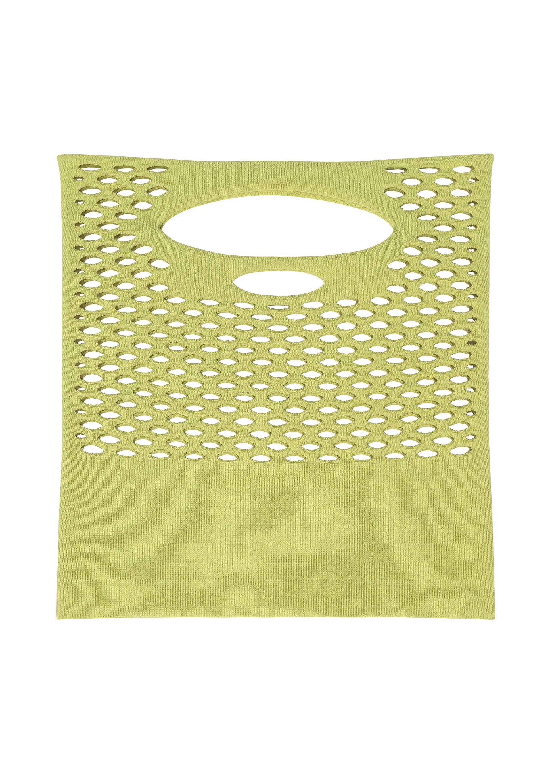 Zoomed view A flat, rectangular, light green MOKKO WASHI by GOOD GOODS ISSEY MIYAKE with evenly spaced oval holes and two larger top-center cutouts, resembling a summer shoulder bag, displayed on a white background.