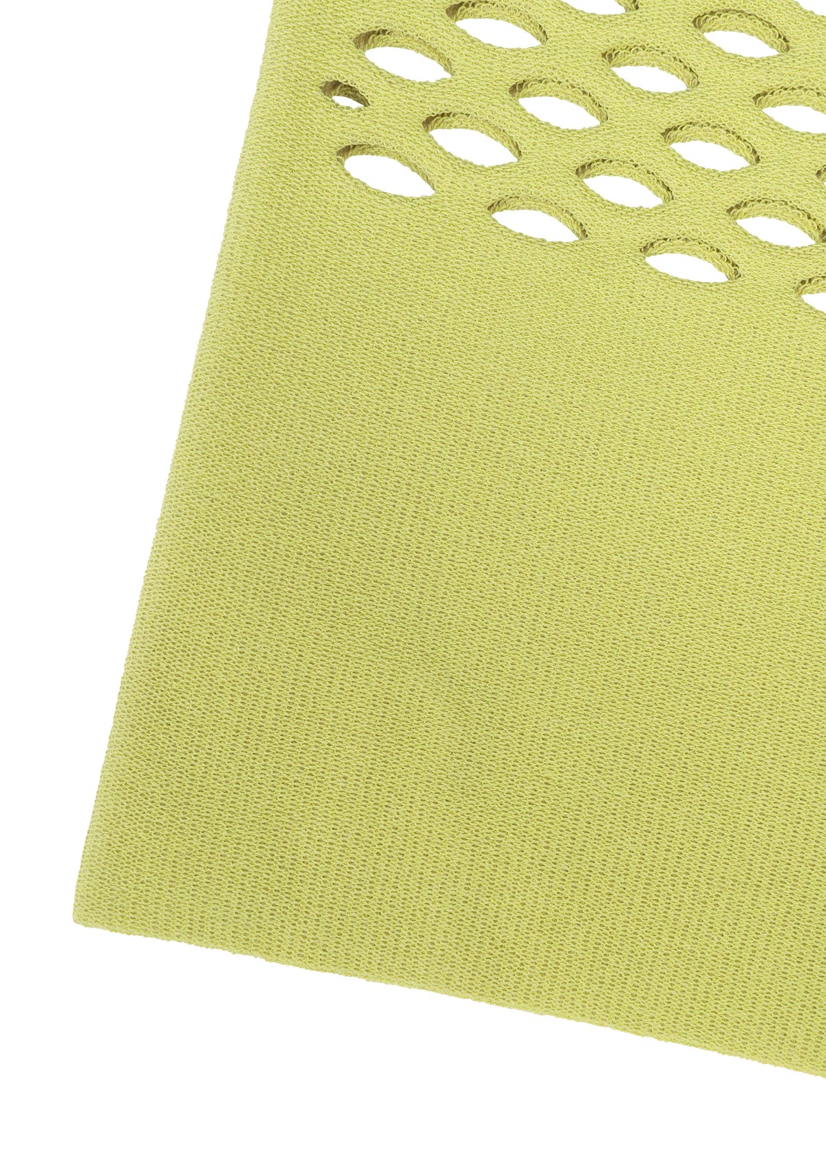 A close-up of yellow-green textured MOKKO WASHI fabric by GOOD GOODS ISSEY MIYAKE, showing oval cutouts near the edge—ideal for a summer shoulder bag—set against a white background. view 7 of 10
