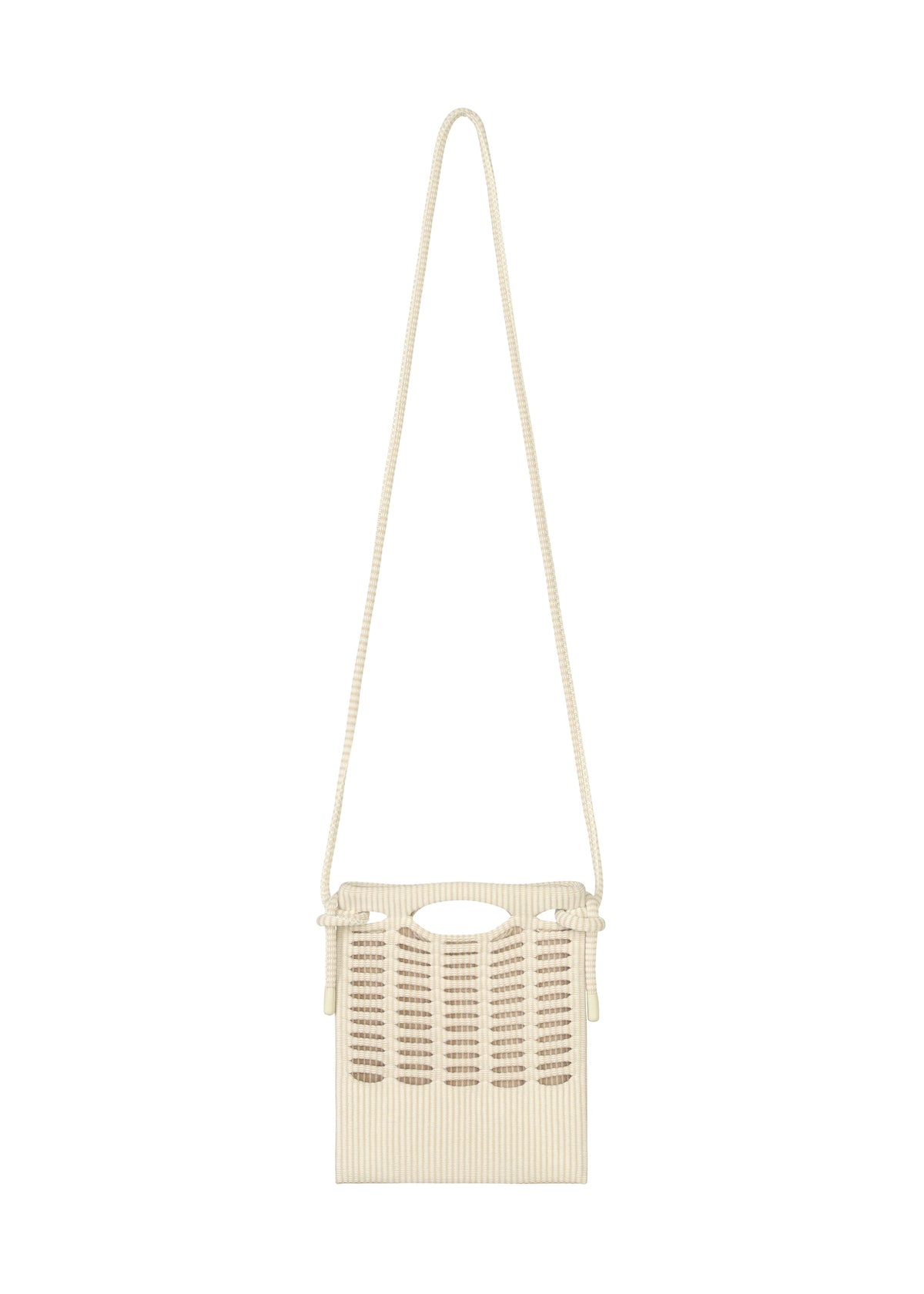 A beige woven shoulder bag from the MOKKO WALE series by GOOD GOODS ISSEY MIYAKE, featuring a long strap, square shape, cut-out handle, vertical stripes, and decorative front woven details. view 1 of 9