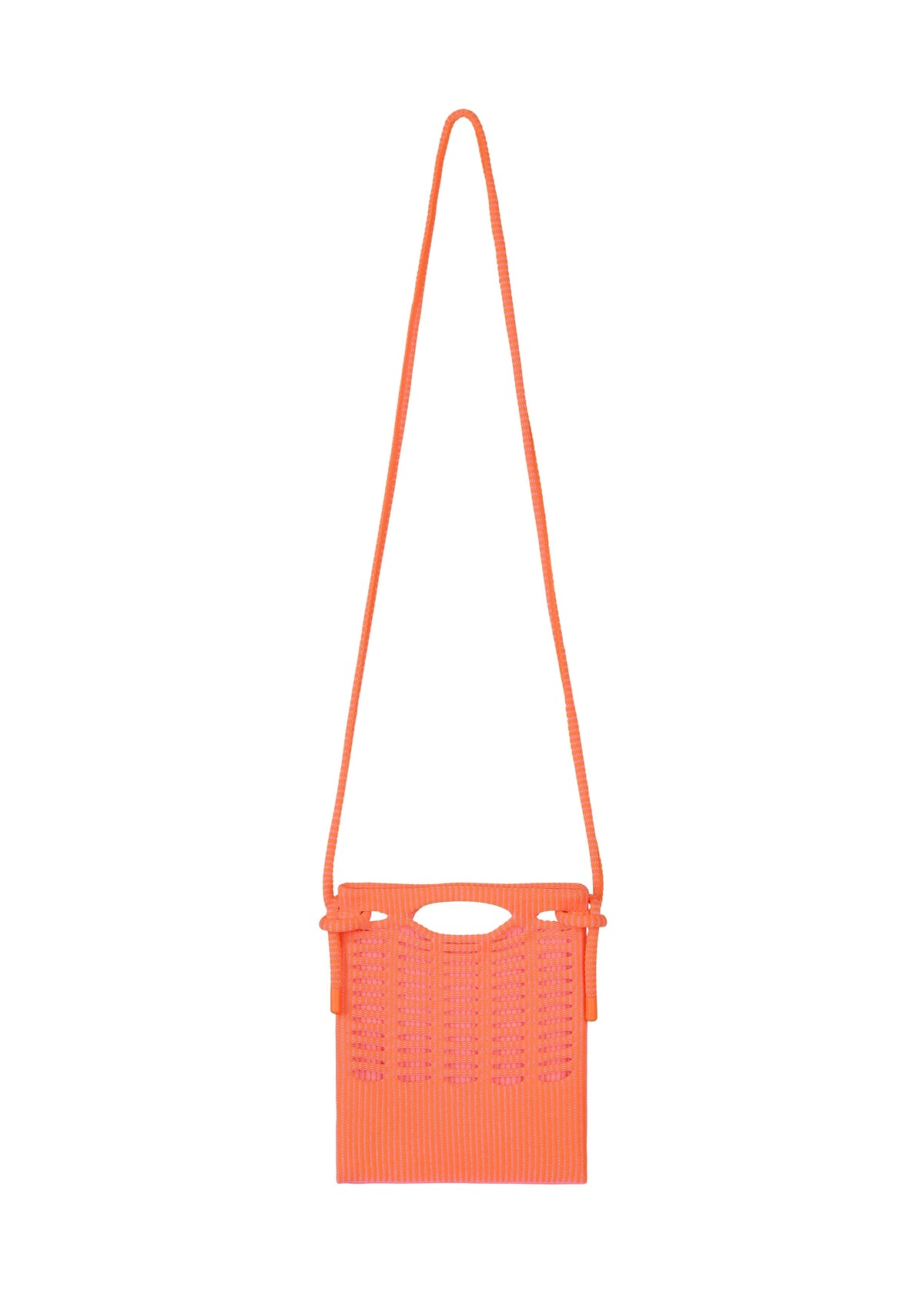 Bright orange, rectangular MOKKO WALE shoulder bag by GOOD GOODS ISSEY MIYAKE with a long strap, textured stripe front, cutout top handle, and flap closure. view 2 of 9