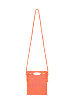 Bright orange, rectangular MOKKO WALE shoulder bag by GOOD GOODS ISSEY MIYAKE with a long strap, textured stripe front, cutout top handle, and flap closure. - WARM ORANGE×ROSE PINK （no.33）