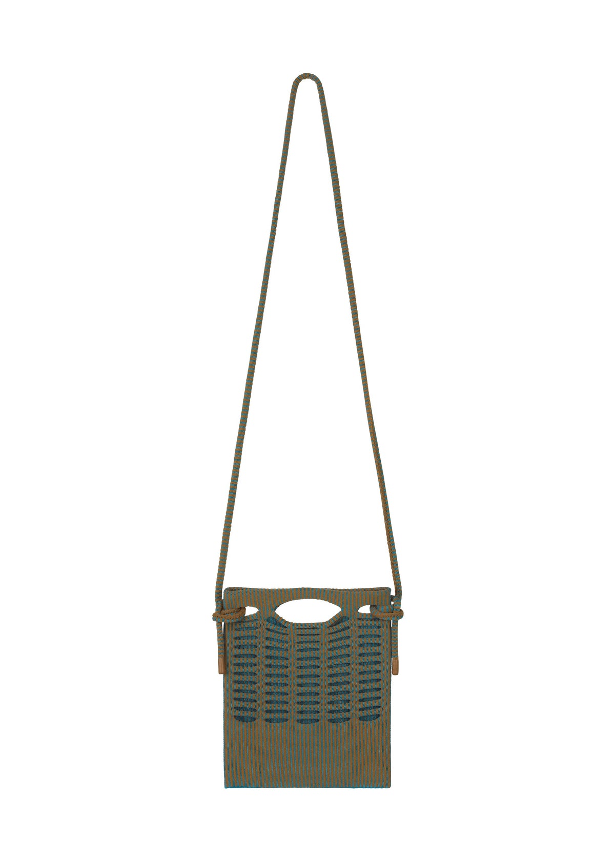 Zoomed view A small, rectangular crossbody from GOOD GOODS ISSEY MIYAKE’s MOKKO WALE series, woven in brown and blue stripes with a cutout handle and decorative side knots. - LIGHT BROWN×TEAL BLUE （no.47）