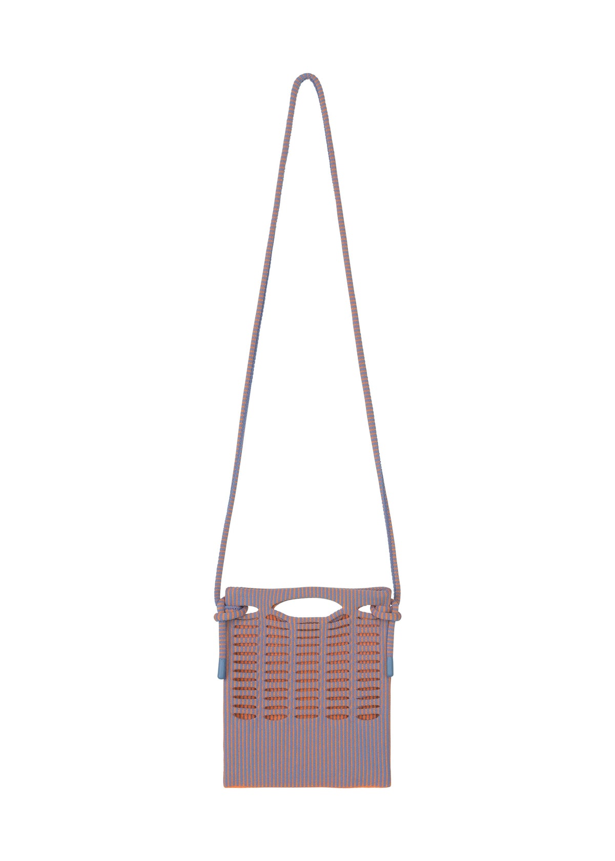 Zoomed view The MOKKO WALE by GOOD GOODS ISSEY MIYAKE is a small rectangular shoulder bag with a long strap, blue and orange stripes, and a top cutout handle. - CLOUDY BLUE×WARM ORANGE （no.78）
