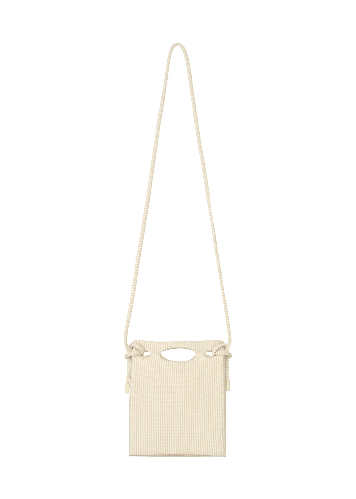 The MOKKO WALE by GOOD GOODS ISSEY MIYAKE is a small beige rectangular shoulder bag with vertical stripes, a cut-out handle, long strap, and side knots. view 5 of 9