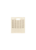 The MOKKO WALE by GOOD GOODS ISSEY MIYAKE is a beige woven handbag with two short handles and vertical stripes, shown against a white background.