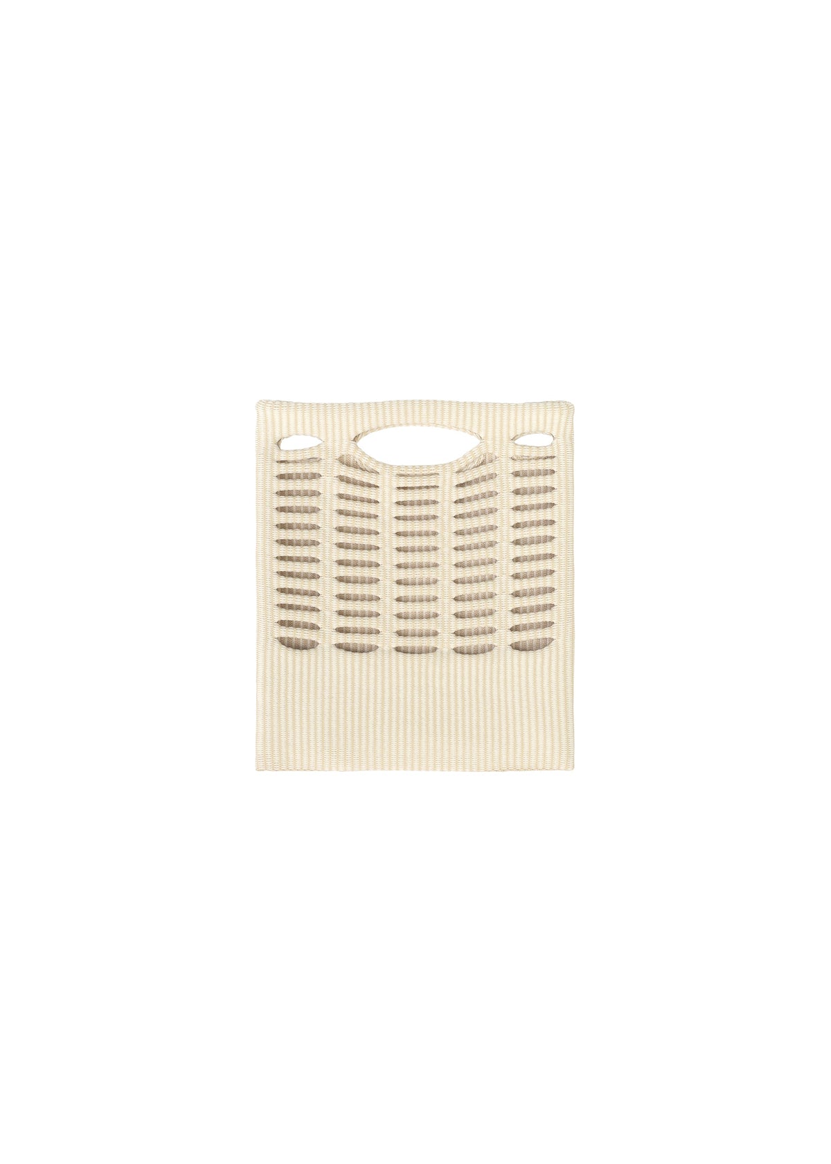 Zoomed view The MOKKO WALE by GOOD GOODS ISSEY MIYAKE is a beige woven handbag with two short handles and vertical stripes, shown against a white background.