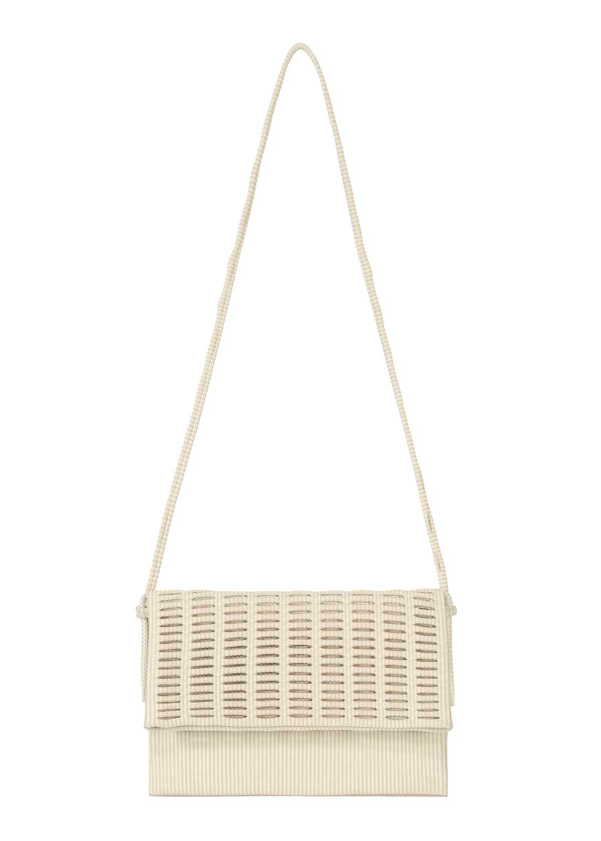 Zoomed view The MOKKO WALE by GOOD GOODS ISSEY MIYAKE is a beige woven shoulder bag with a long strap, rectangular flap closure, and stylish vertical and horizontal stripes. - OFF WHITE×BEIGE （no.09）