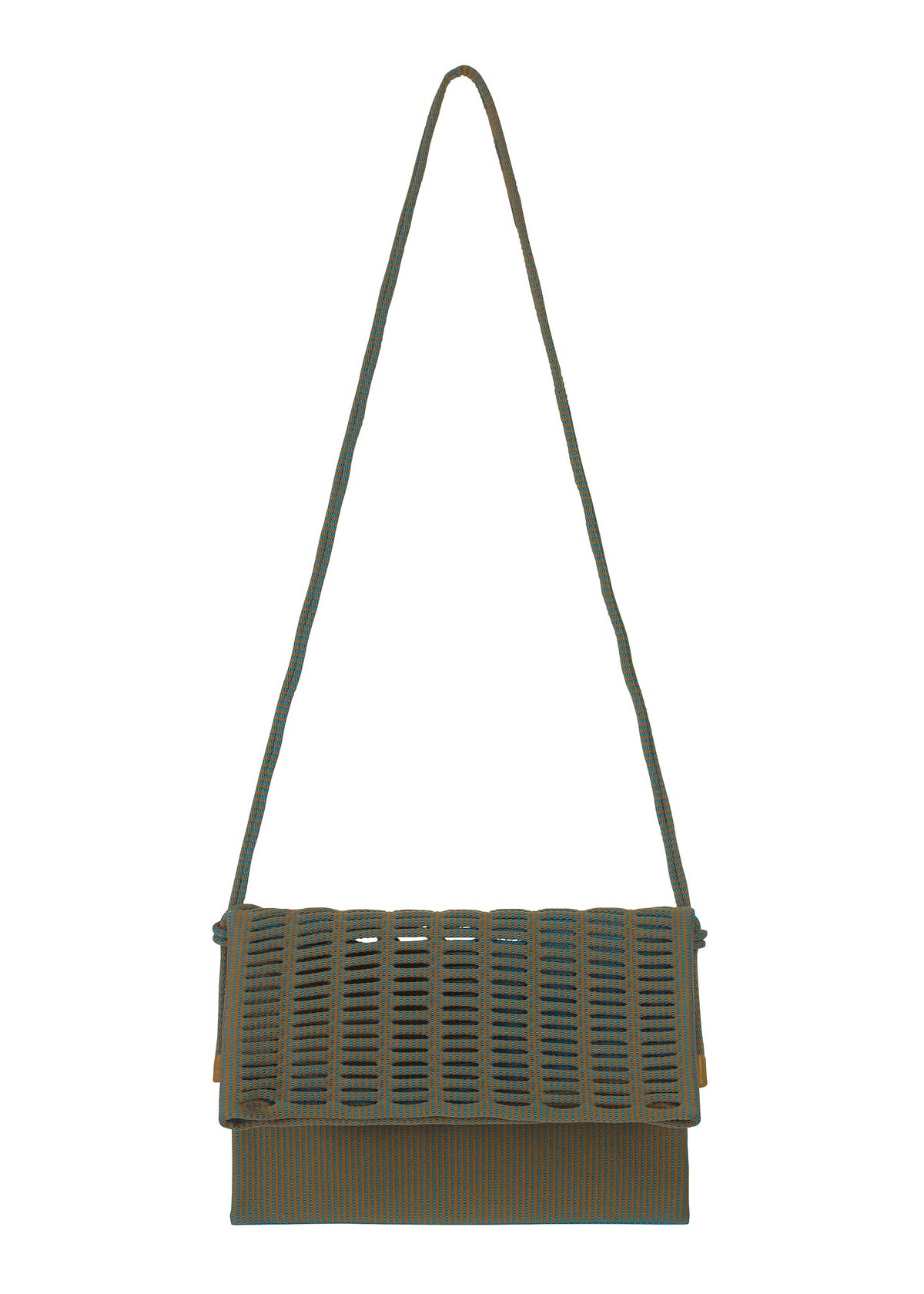 The MOKKO WALE by GOOD GOODS ISSEY MIYAKE is a green rectangular shoulder bag with a long strap, grid-patterned flap, and structured design—a modern, stylish alternative to a classic tote. view 3 of 13