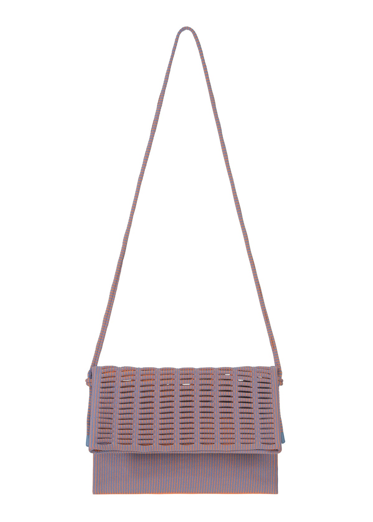 Zoomed view The MOKKO WALE by GOOD GOODS ISSEY MIYAKE is a rectangular woven shoulder bag with blue and brown stripes, a flap closure, and a long strap, shown on a white background. - CLOUDY BLUE×WARM ORANGE （no.78）