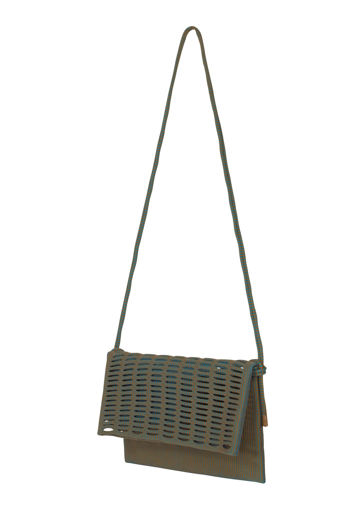 Zoomed view The MOKKO WALE by GOOD GOODS ISSEY MIYAKE is a small rectangular shoulder bag with a long thin strap, perforated flap, and subtle striped pattern, displayed on a plain white background.