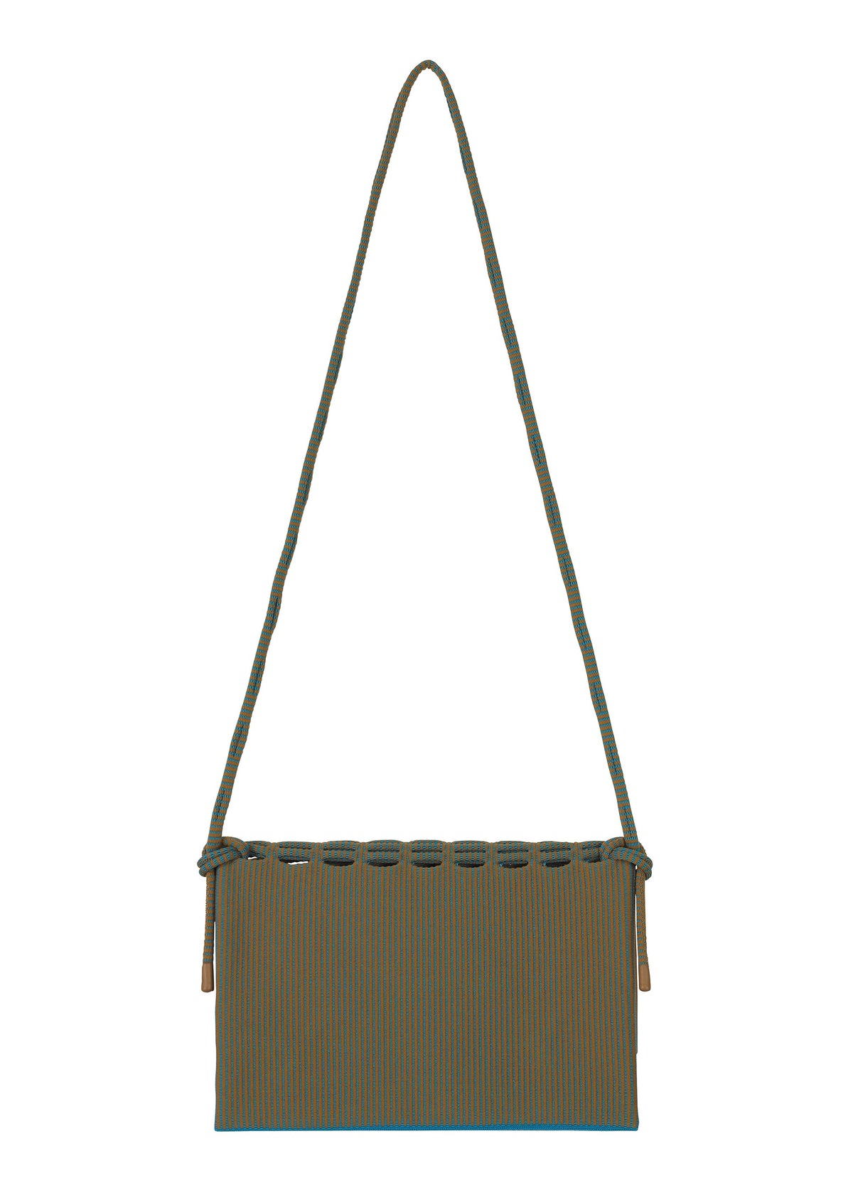 Zoomed view The MOKKO WALE by GOOD GOODS ISSEY MIYAKE is a rectangular shoulder bag with blue and brown stripes, a long twisted strap, knotted top detail, and a minimalist design.