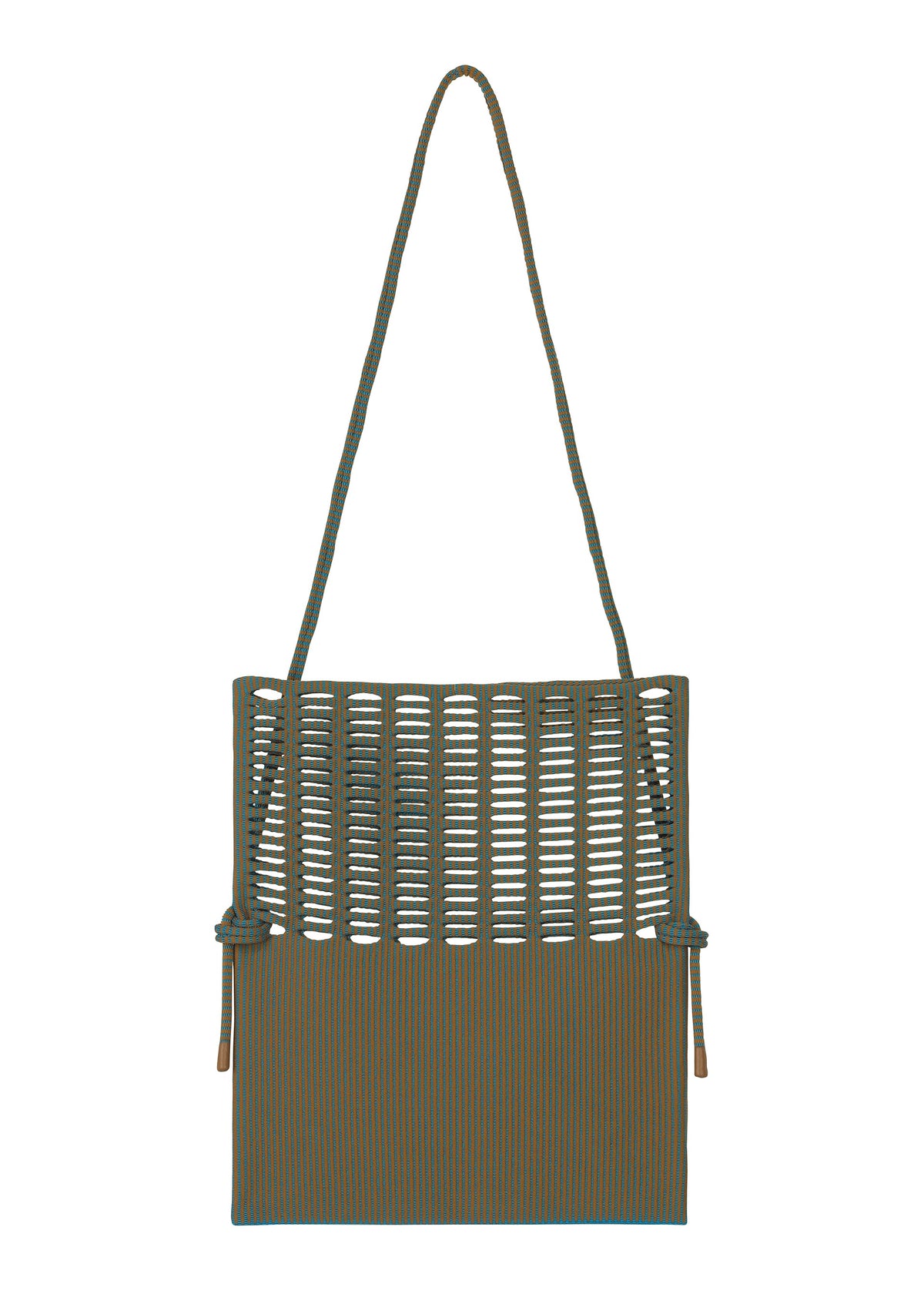 Zoomed view The MOKKO WALE by GOOD GOODS ISSEY MIYAKE is a square woven shoulder bag in olive green with an open-weave top, solid bottom, long strap, side knots, and subtle striped details.