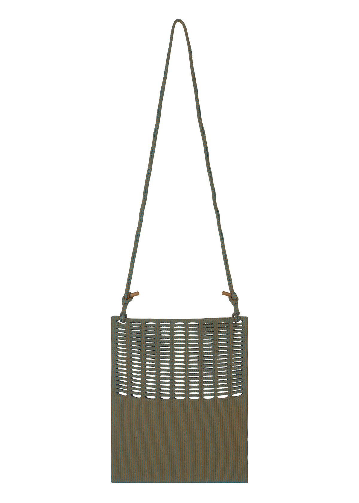 The MOKKO WALE by GOOD GOODS ISSEY MIYAKE is a rectangular olive-green woven shoulder bag with a long twisted strap and an open lattice-style upper section. view 8 of 13