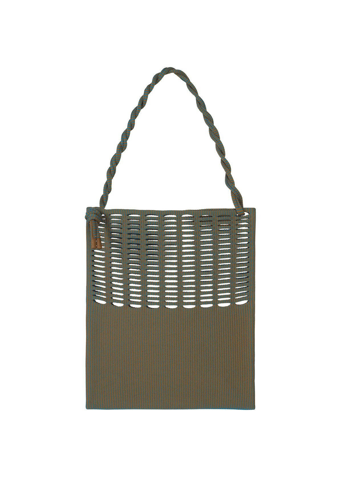 The MOKKO WALE by GOOD GOODS ISSEY MIYAKE is a rectangular green woven tote with vertical striped cutout slits on the front and a thick, twisted handle. view 9 of 13