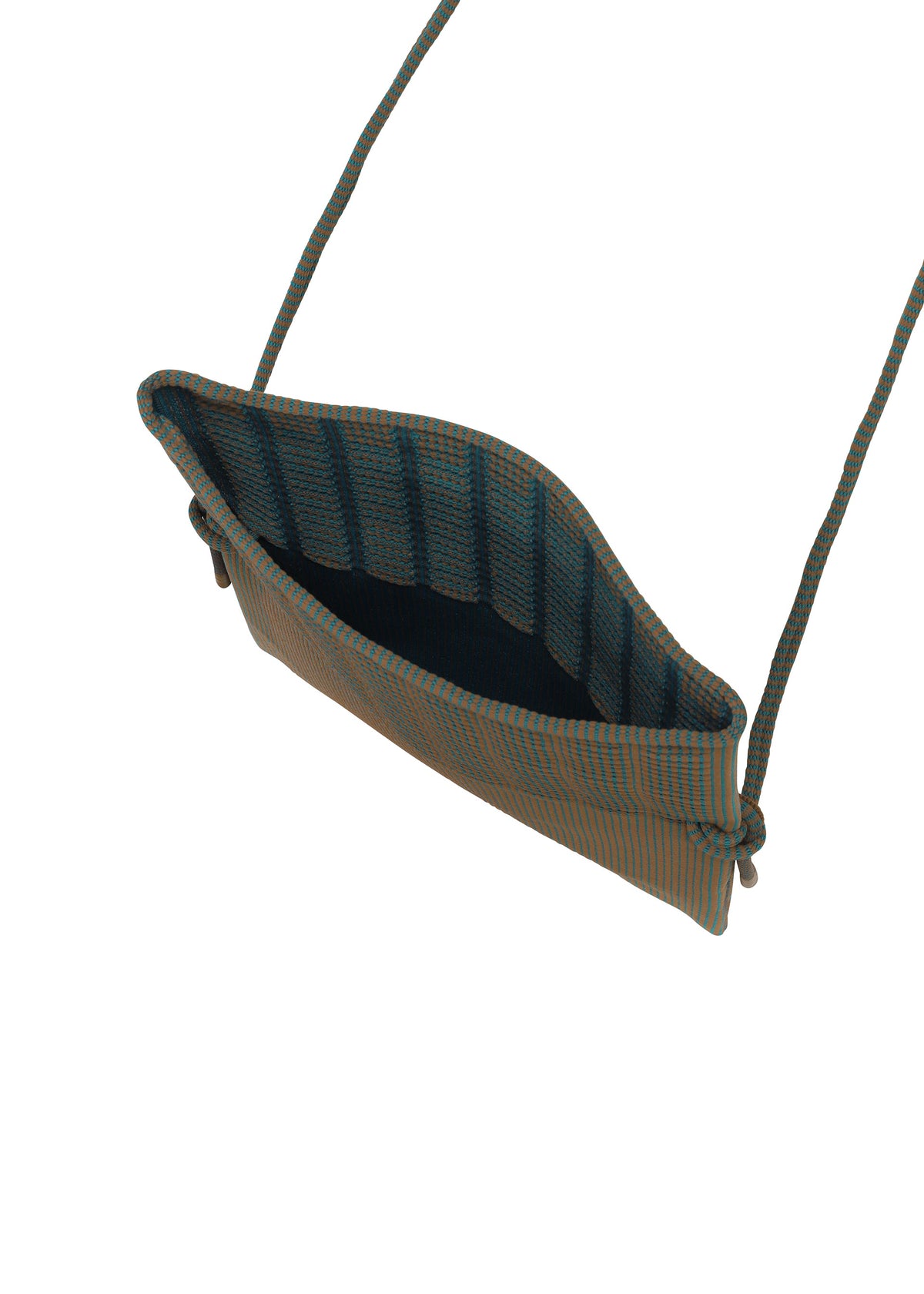 The MOKKO WALE by GOOD GOODS ISSEY MIYAKE is a small, rectangular textured pouch with wavy edges, an open top, and two side rope straps—ideal as a mini shoulder bag. view 10 of 13