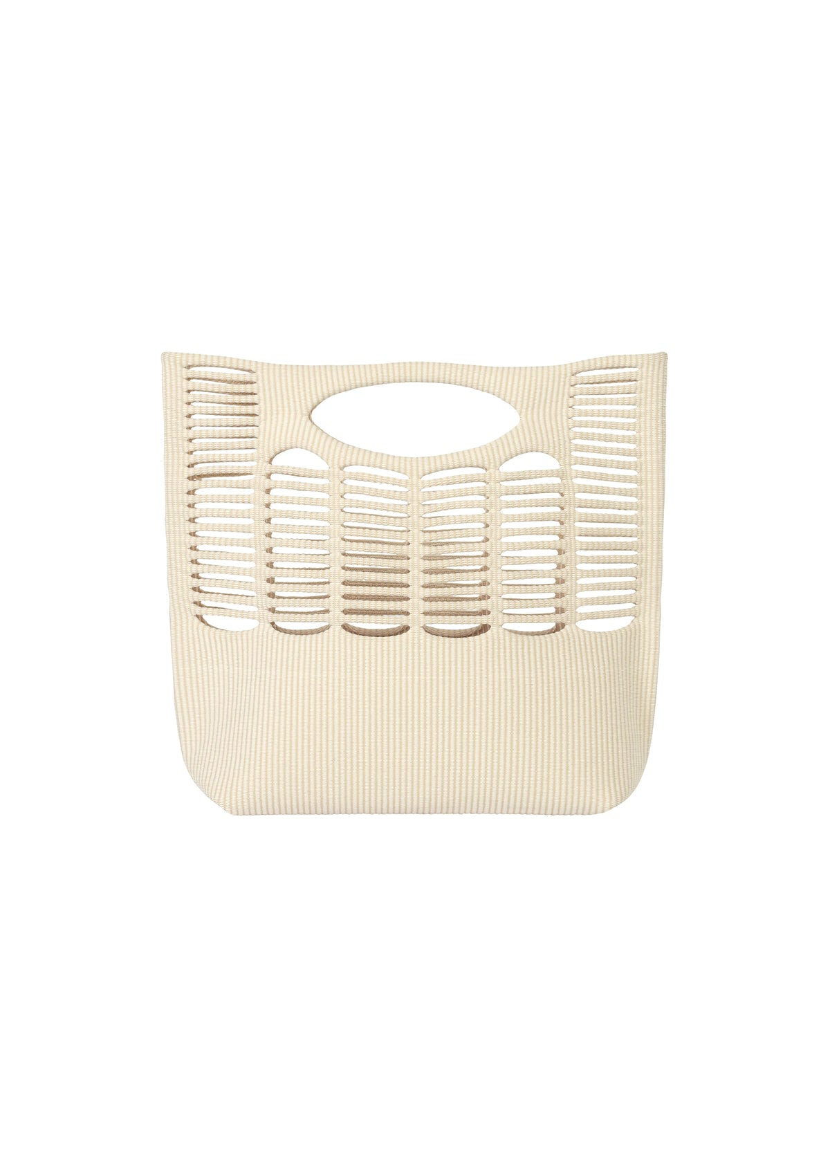 The MOKKO WALE by GOOD GOODS ISSEY MIYAKE is a beige, rectangular tote with wide oval handle and open two-color stripe slats, shown against a plain white background. view 1 of 9