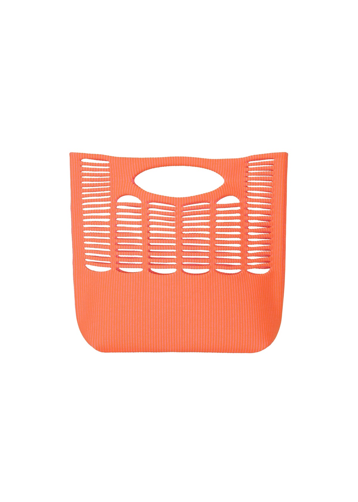 The MOKKO WALE by GOOD GOODS ISSEY MIYAKE is an orange tote bag with grid-like slits and an oval top handle, shown against a plain white background. view 2 of 9