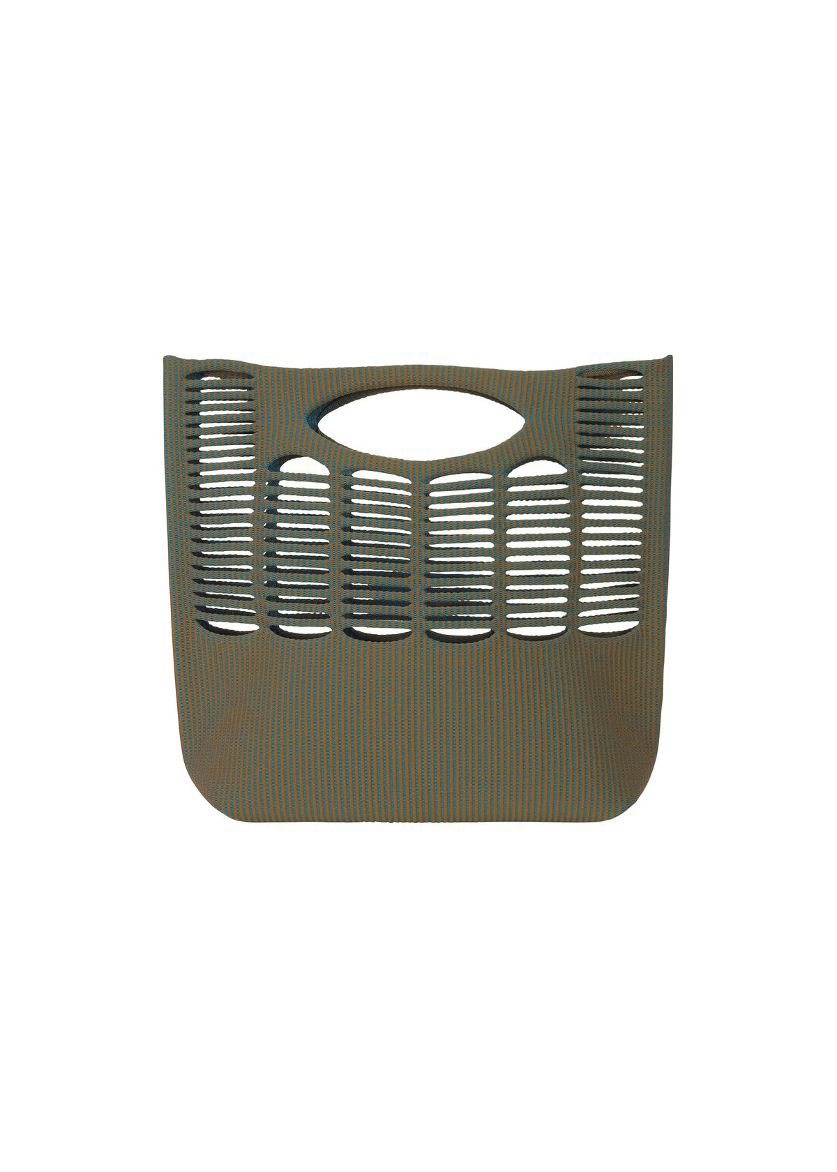 A brown, rectangular plastic MOKKO WALE basket from GOOD GOODS ISSEY MIYAKE, featuring horizontal and vertical slits, a top-center handle, and subtle two-color stripes on a white background. view 3 of 9