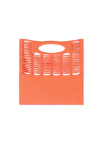 The MOKKO WALE from GOOD GOODS ISSEY MIYAKE is an orange rectangular tote with built-in handles, horizontal slits for a modern touch, and a solid, textured bottom half.