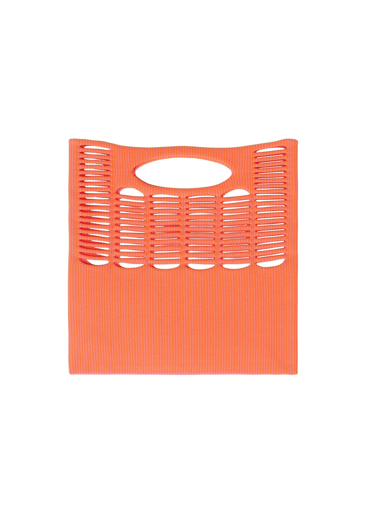 Zoomed view The MOKKO WALE from GOOD GOODS ISSEY MIYAKE is an orange rectangular tote with built-in handles, horizontal slits for a modern touch, and a solid, textured bottom half.