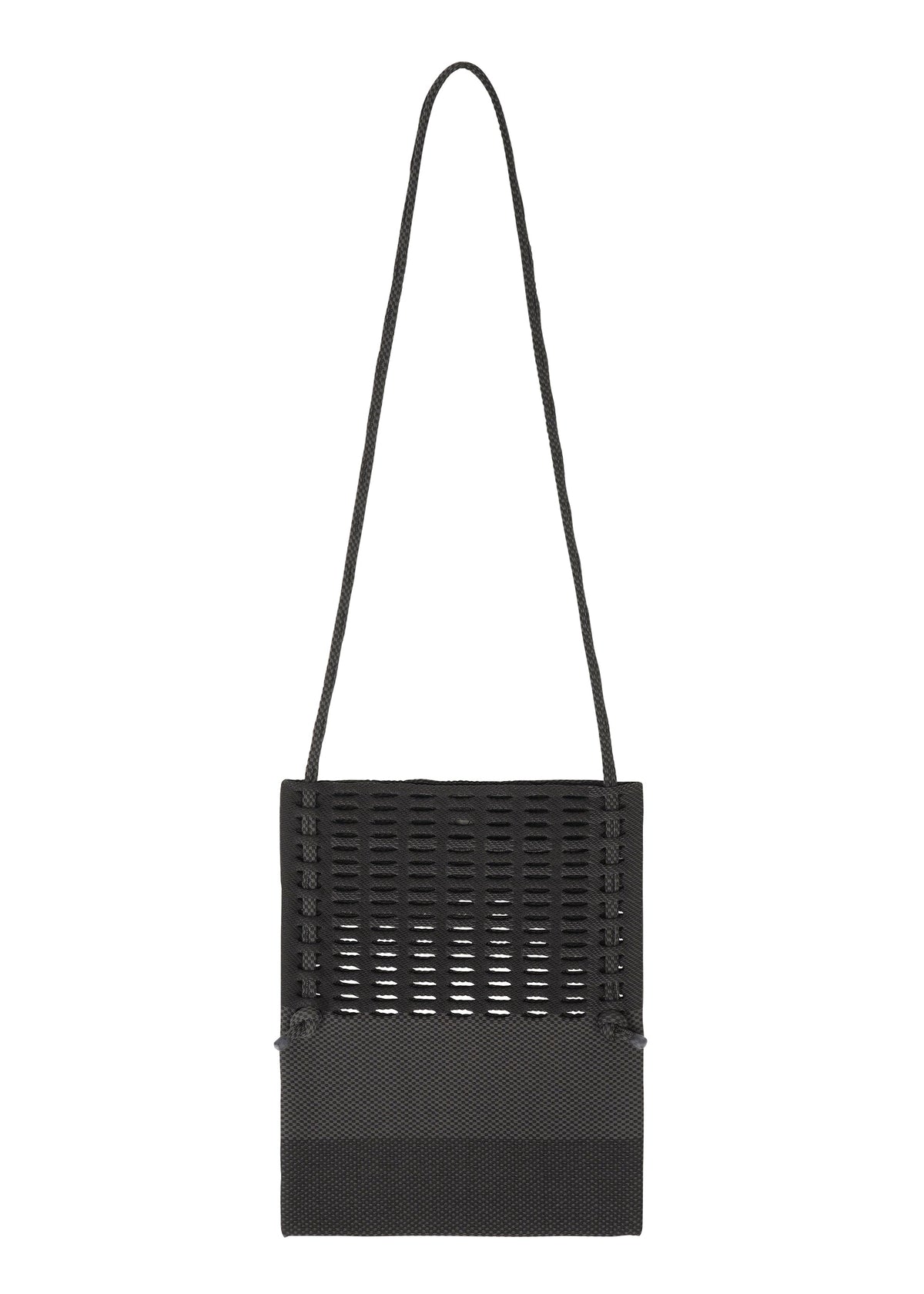 The MOKKO KNOT by GOOD GOODS ISSEY MIYAKE is a black knit crossbody bag with a long strap, rectangular shape, and a woven grid-like pattern on the upper section, contrasted by a solid lower section. view 1 of 10