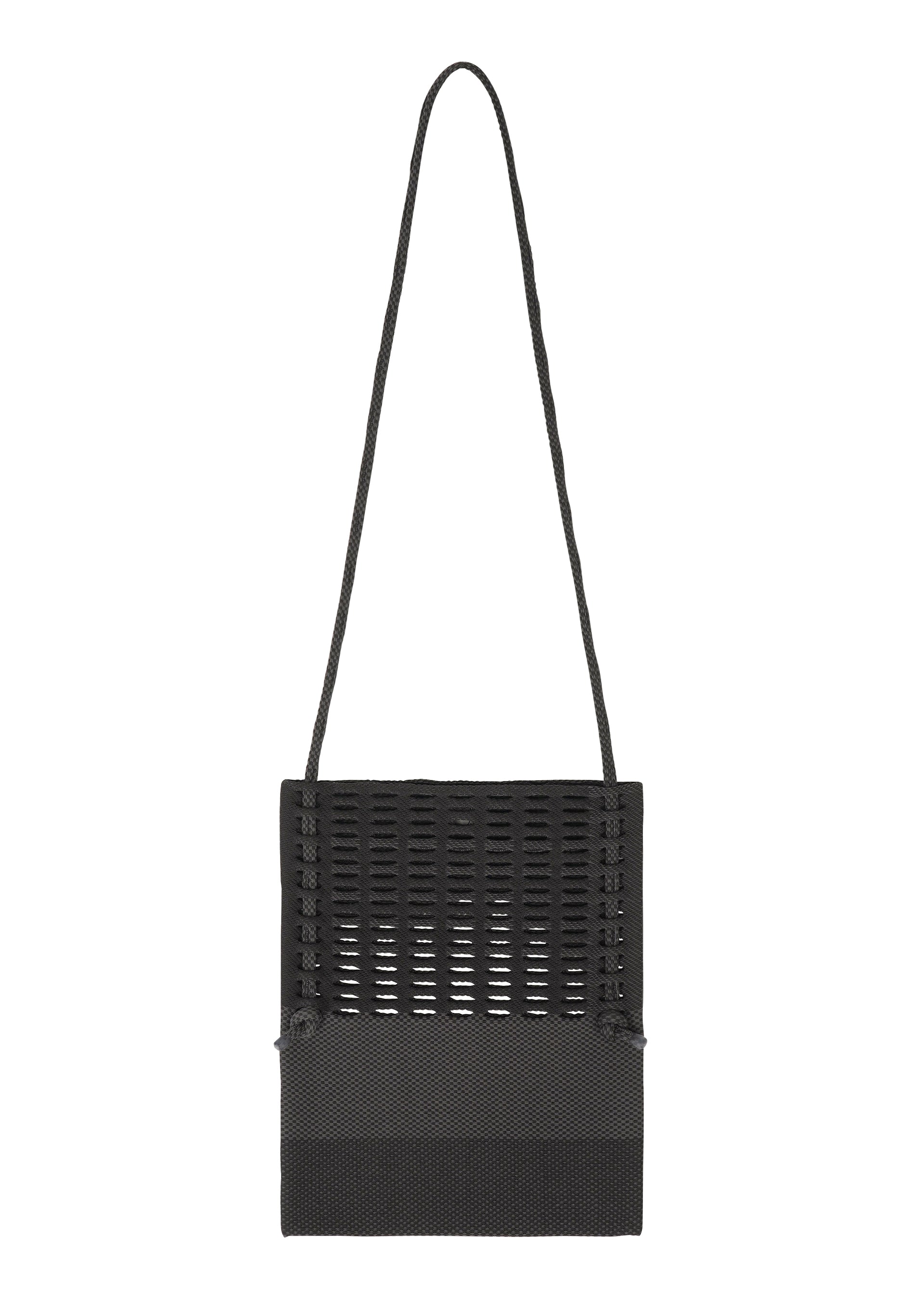 Zoomed view The MOKKO KNOT by GOOD GOODS ISSEY MIYAKE is a black knit crossbody bag with a long strap, rectangular shape, and a woven grid-like pattern on the upper section, contrasted by a solid lower section. - BLACK MIX （no.18）