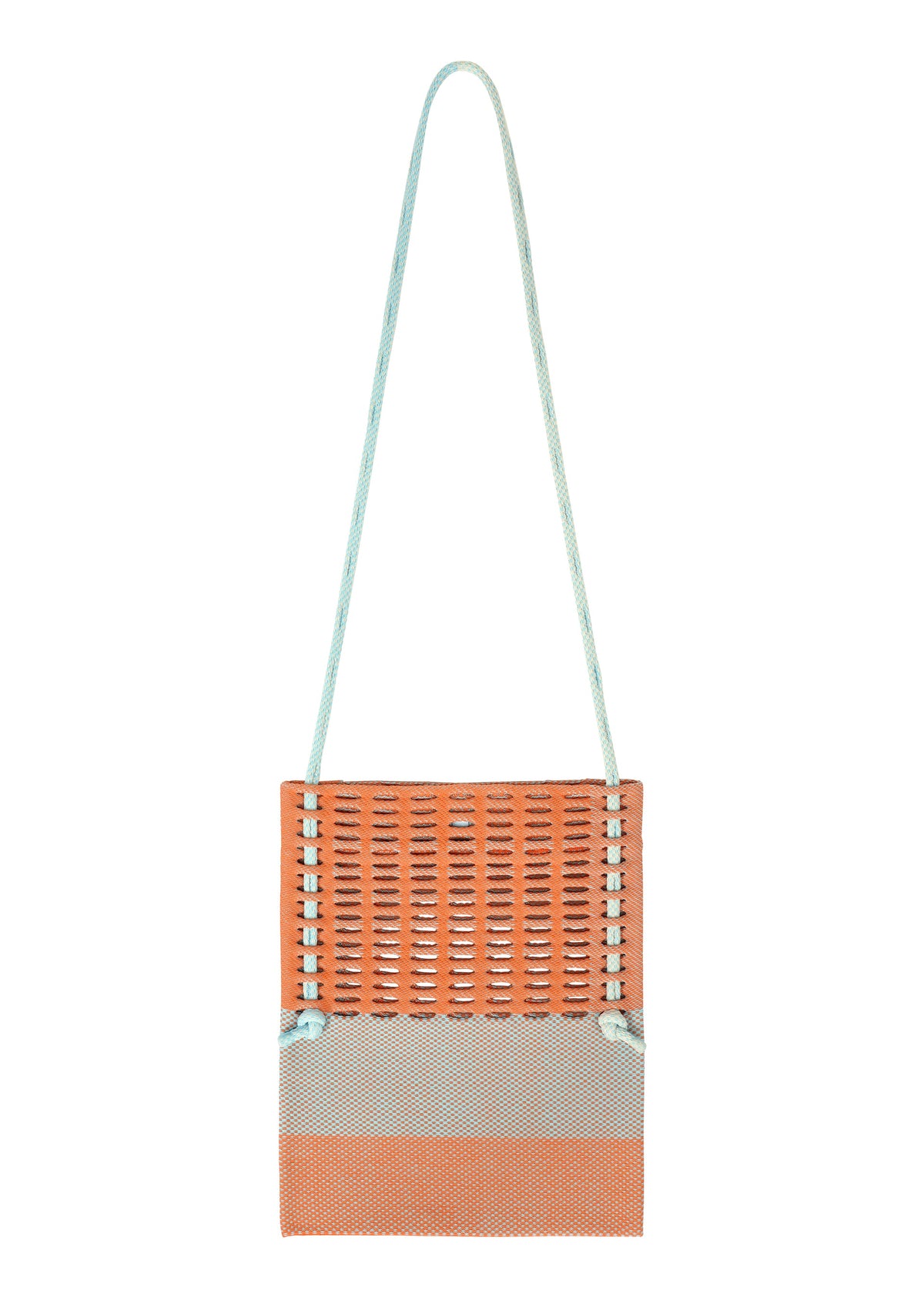 The MOKKO KNOT by GOOD GOODS ISSEY MIYAKE is a rectangular orange knit shoulder bag with a long light blue strap and blue accents, featuring a subtle MOKKO slit pattern, shown against a white background. view 2 of 10