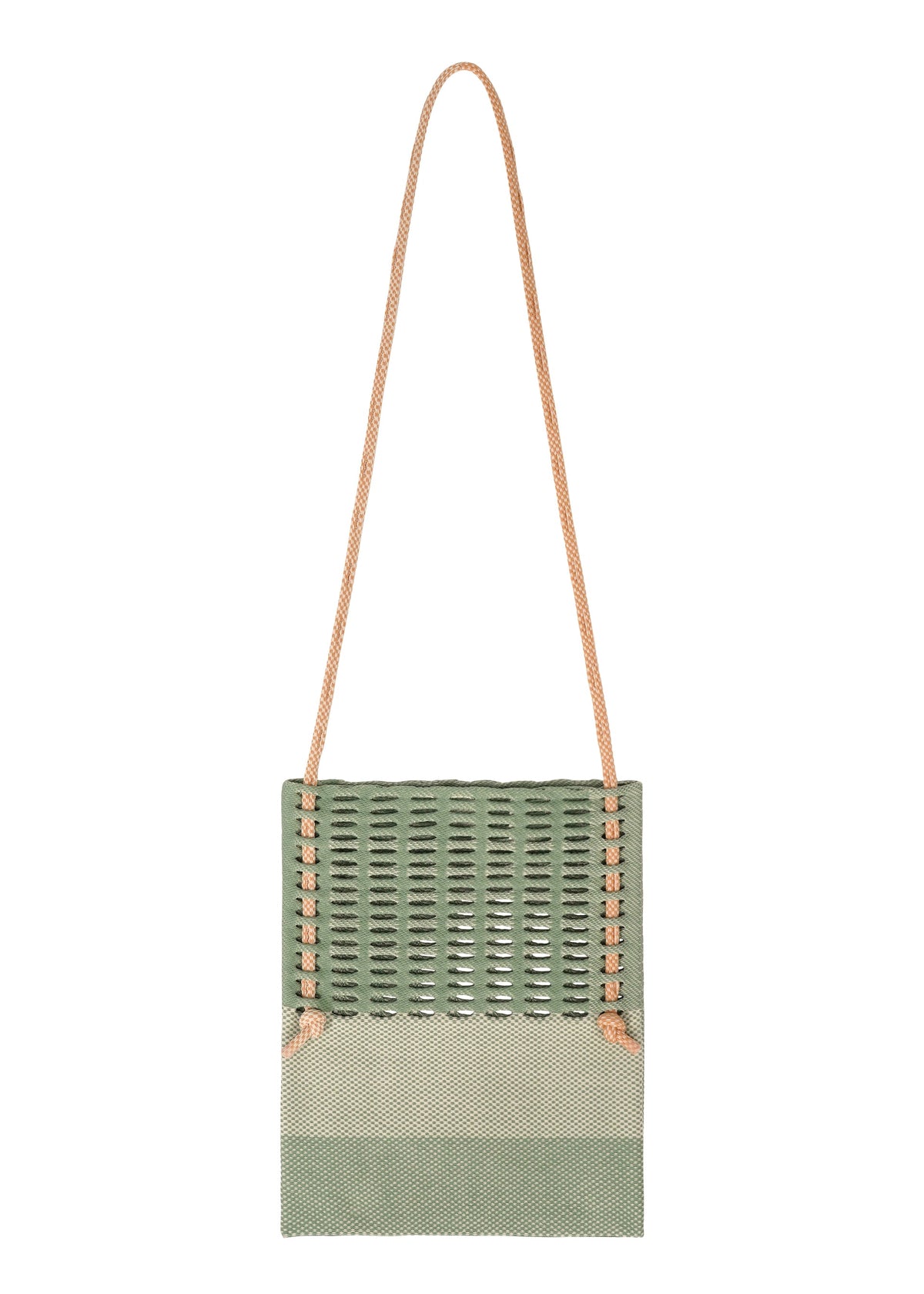 The MOKKO KNOT by GOOD GOODS ISSEY MIYAKE is a square, light green knit shoulder bag with visible stitching, a long tan rope strap, and a subtle MOKKO slit pattern, displayed on a white background. view 3 of 10