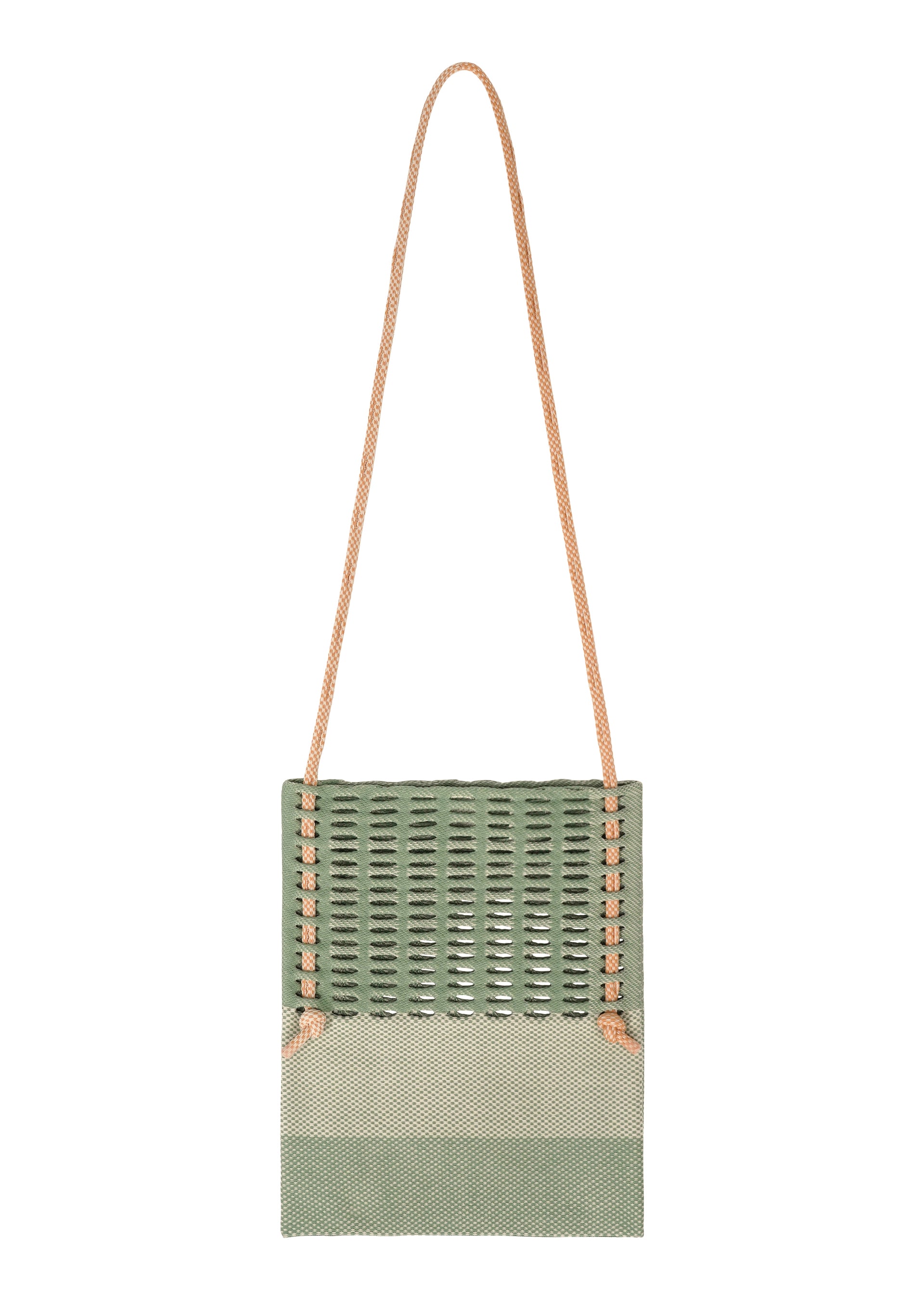 Zoomed view The MOKKO KNOT by GOOD GOODS ISSEY MIYAKE is a square, light green knit shoulder bag with visible stitching, a long tan rope strap, and a subtle MOKKO slit pattern, displayed on a white background. - JADE GREEN MIX （no.64）
