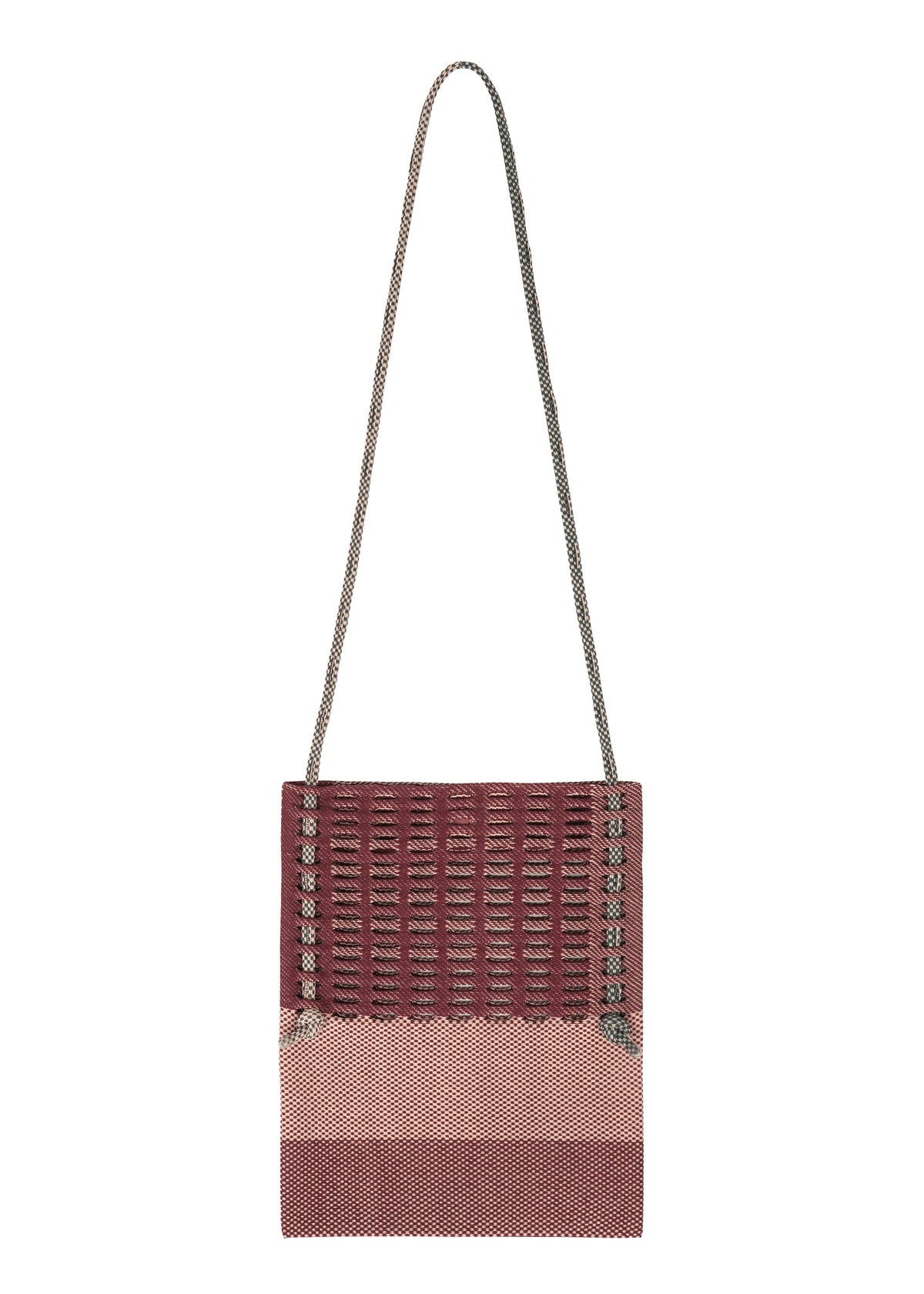 The MOKKO KNOT by GOOD GOODS ISSEY MIYAKE is a square knit shoulder bag with a long thin strap, showcasing a burgundy-beige gradient and a lattice-like MOKKO slit pattern on the upper half. view 4 of 10